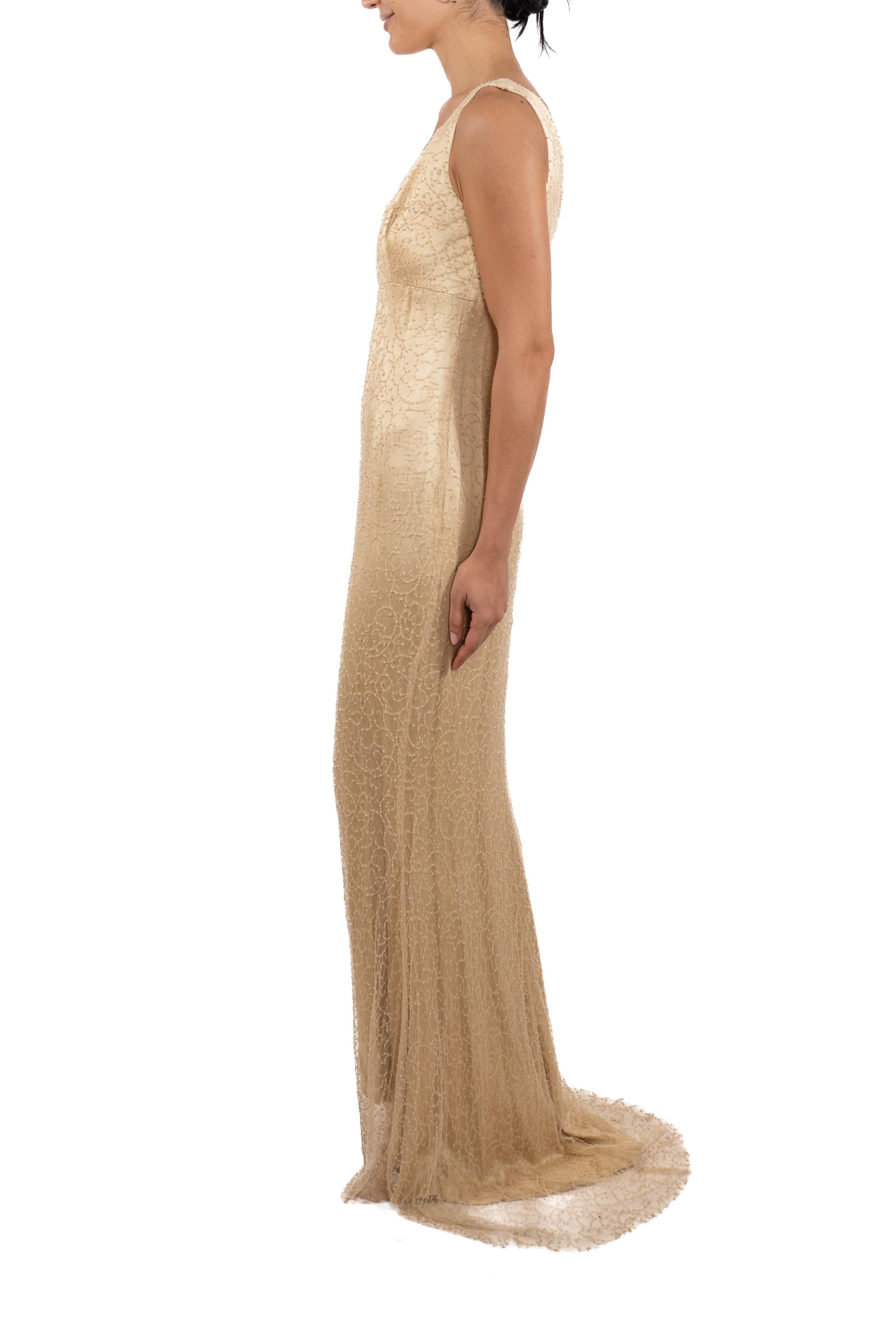 1990S Cream Beaded Silk & Lace Minimalist Empire Waist Gown In Good Condition For Sale In New York, NY