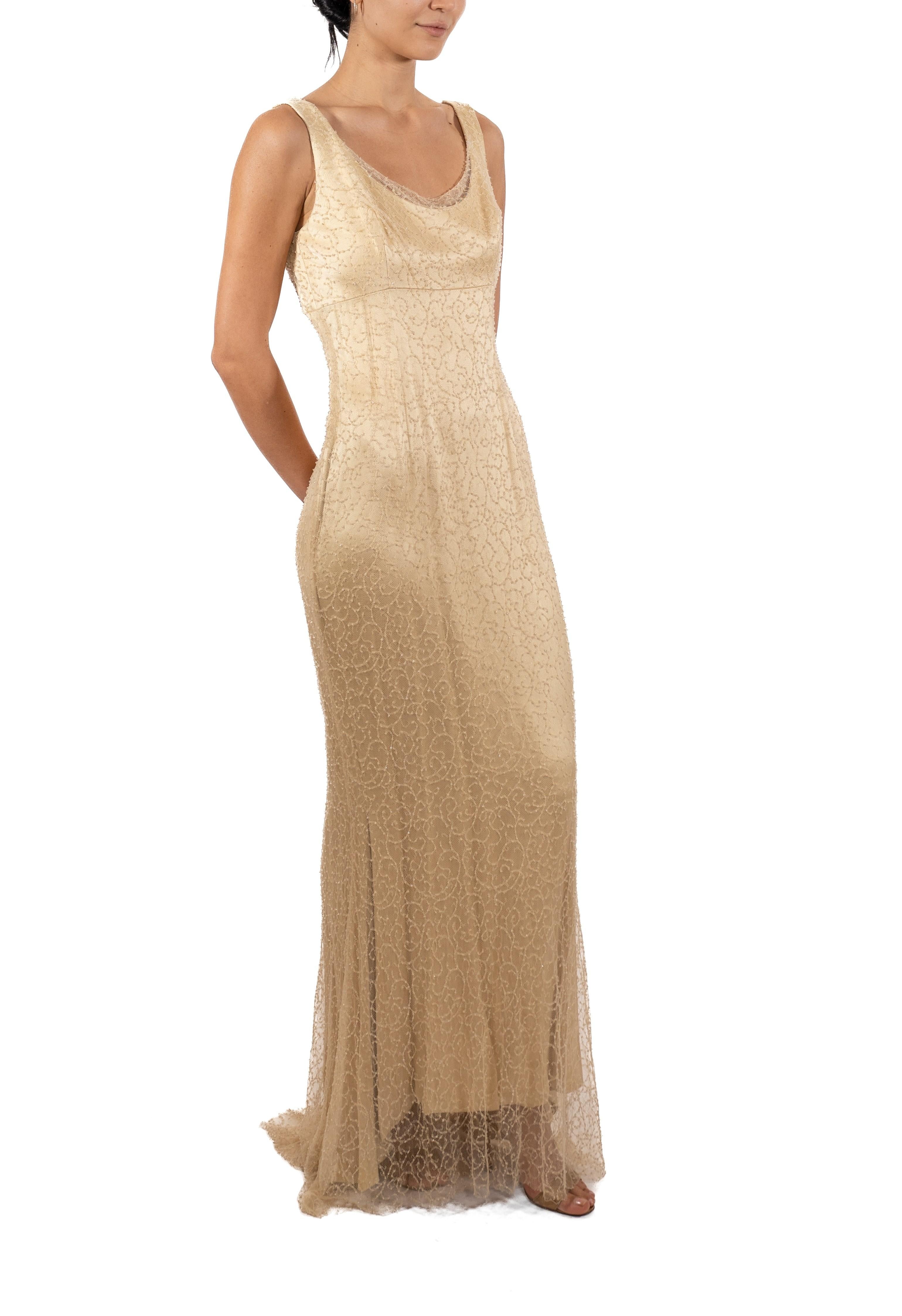 1990S Cream Beaded Silk & Lace Minimalist Empire Waist Gown For Sale 3