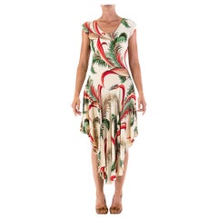 1990S Cream Bias Cut Rayon Crepe 40'S Tropical Print Dress