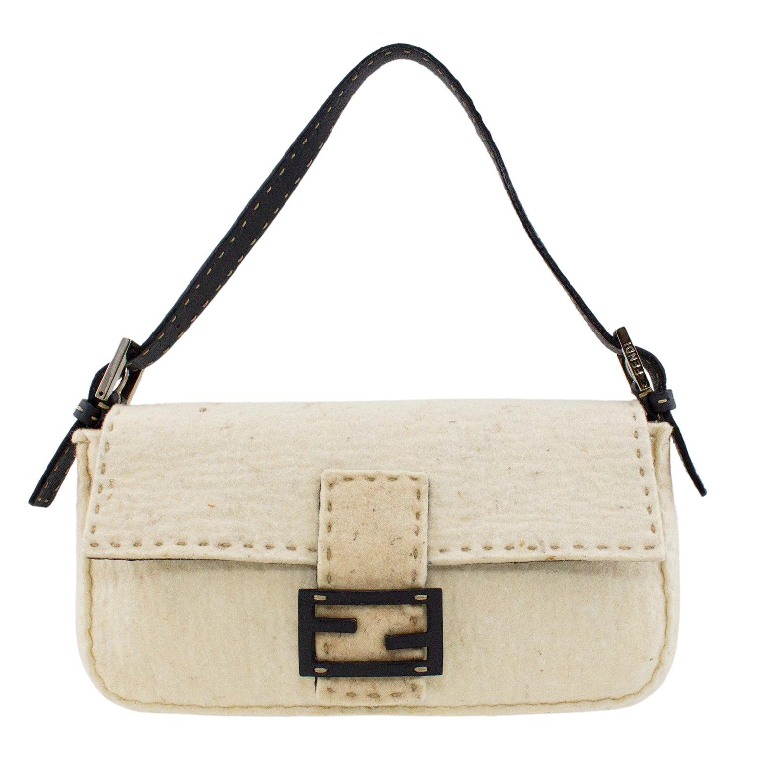 1990s Cream Fendi Felted Wool and Brown Leather Baguette Bag