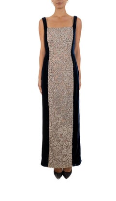 1990S Cream & Navy Rayon Silk Velvet Gown With Jeweled Embroidered Panel