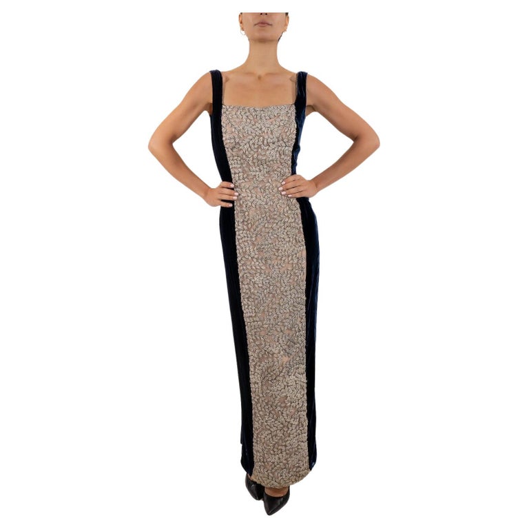 1990S Cream and Navy Rayon Silk Velvet Gown With Jeweled Embroidered Panel  For Sale at 1stDibs