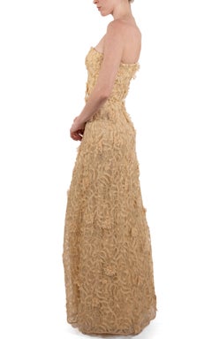 1990S Cream Rayon & Silk 3-D Cutwork Lace Strapless Gown
