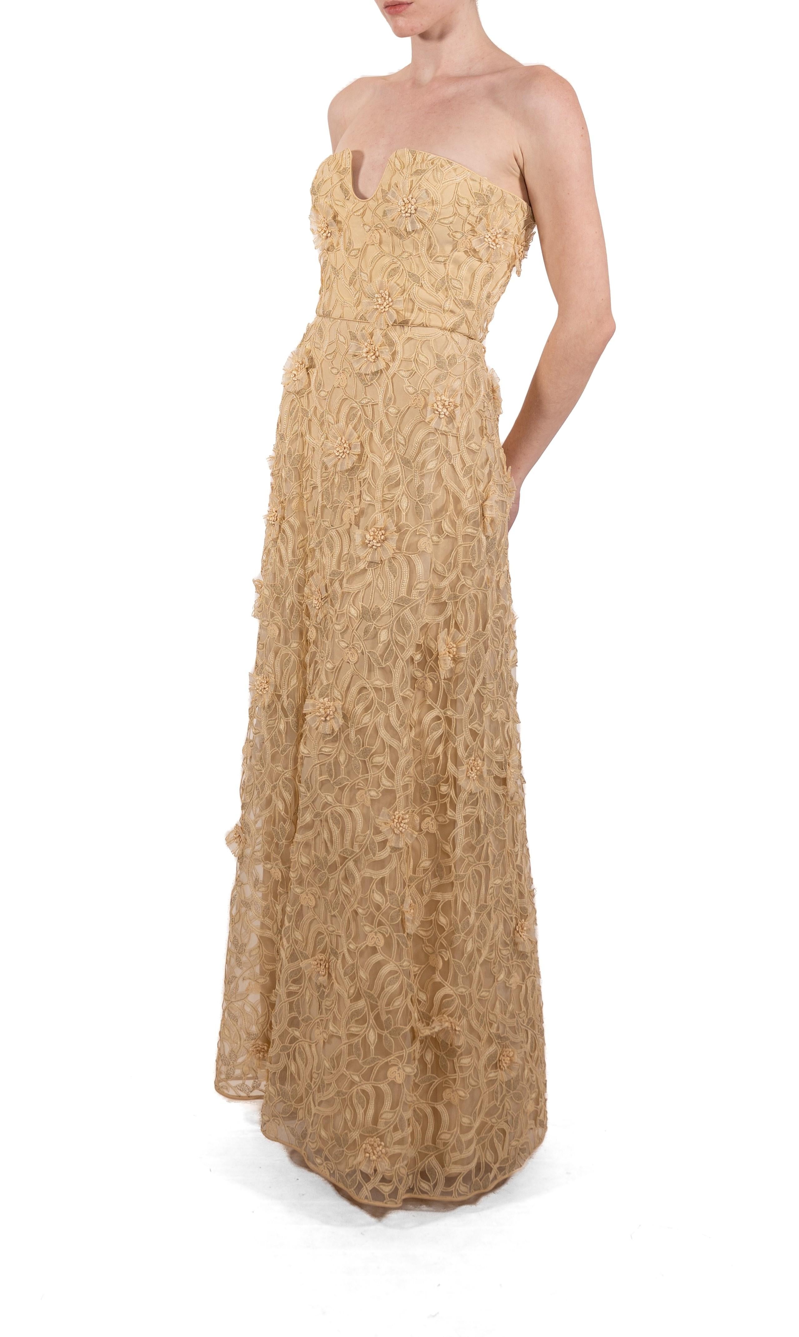 1990S Cream Rayon & Silk 3-D Cutwork Lace Strapless Gown In Good Condition For Sale In New York, NY