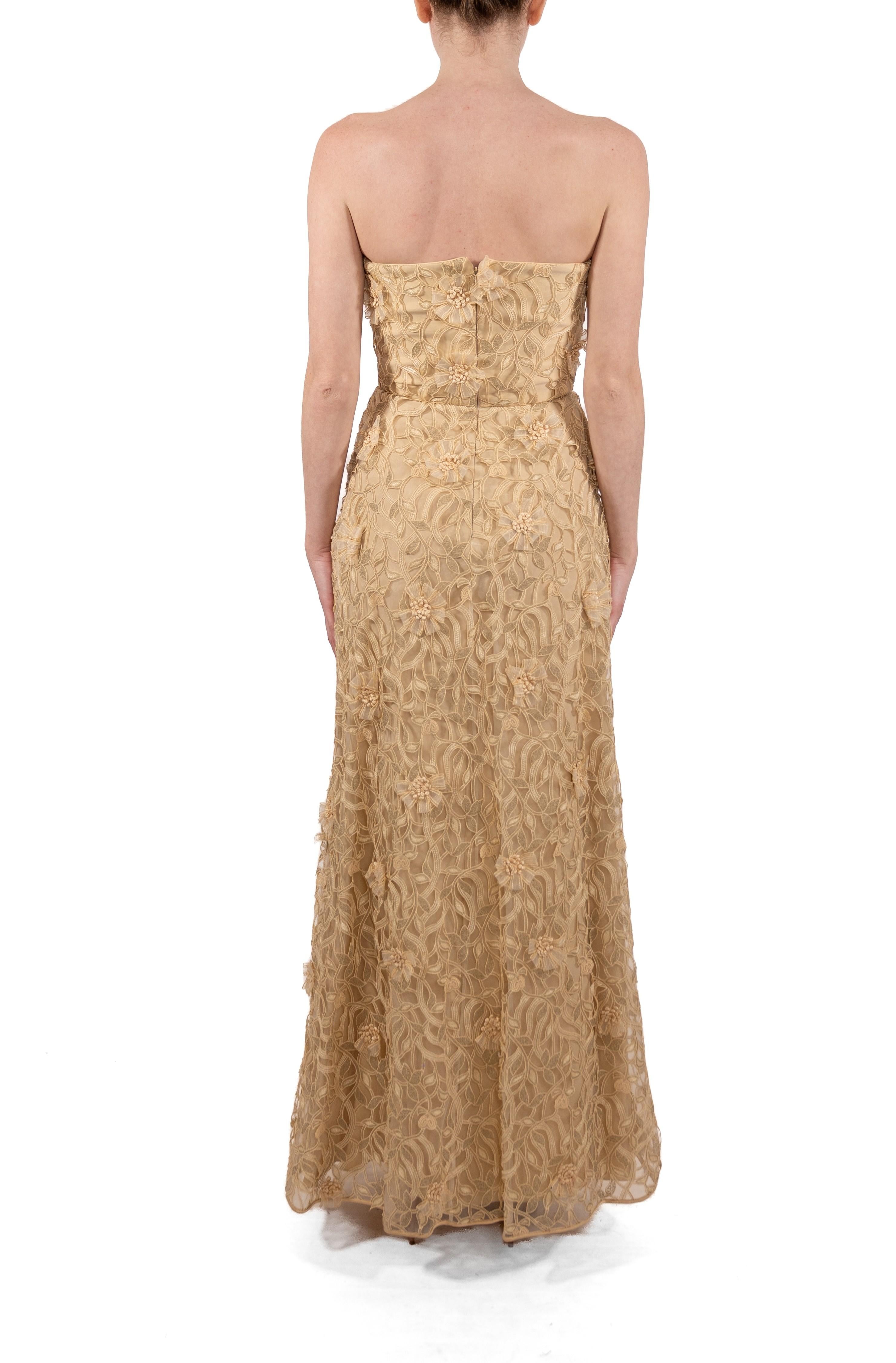 1990S Cream Rayon & Silk 3-D Cutwork Lace Strapless Gown For Sale 3