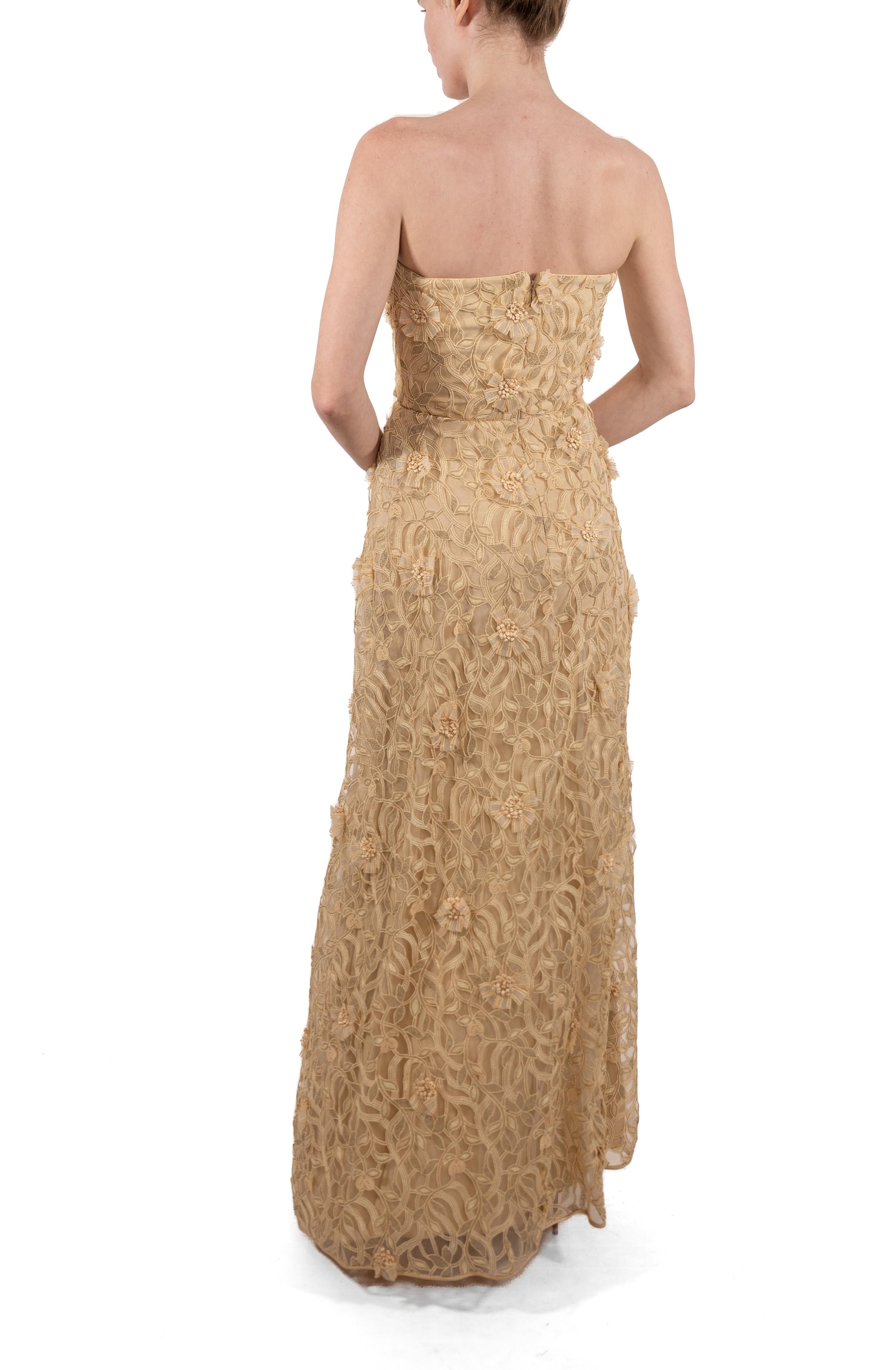 1990S Cream Rayon & Silk 3-D Cutwork Lace Strapless Gown For Sale 4