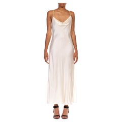 1990S Cream Silk Low Back, Side Slit Slip Dress