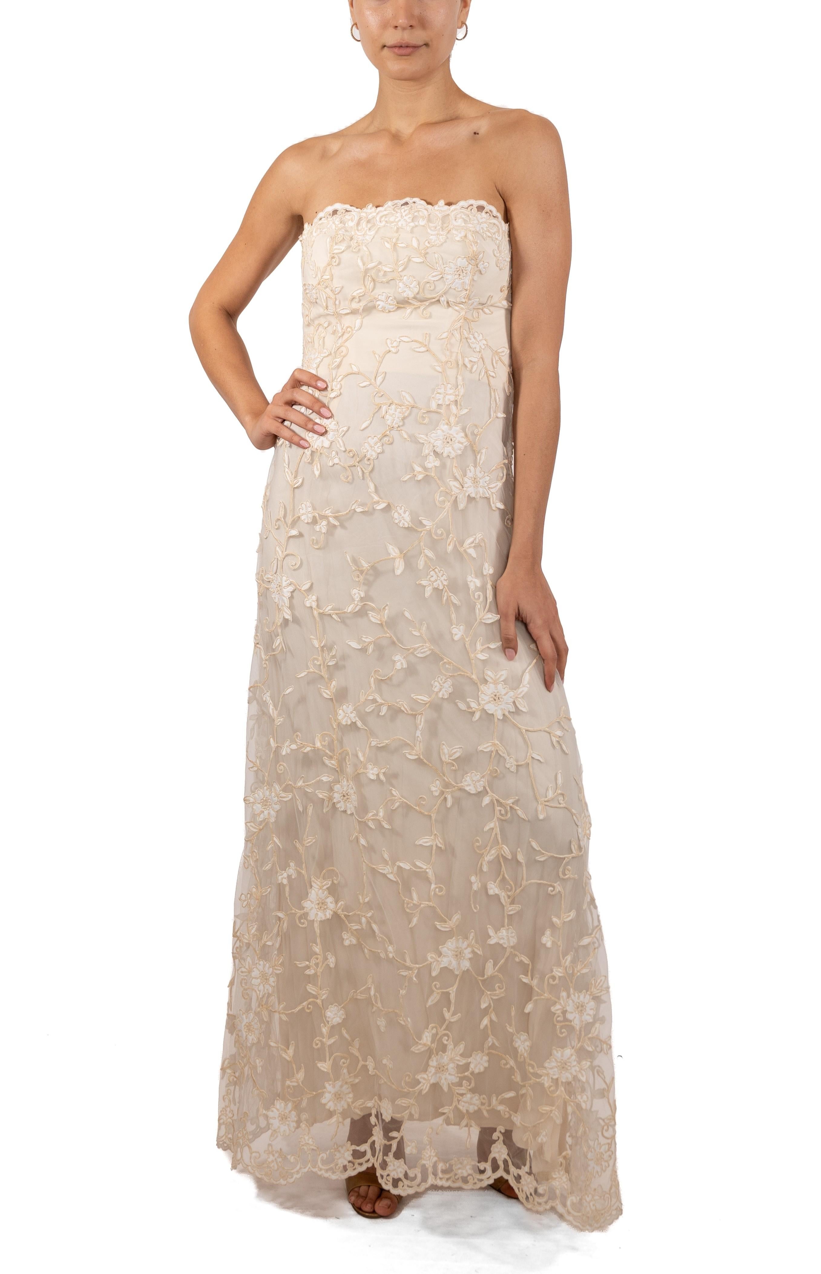 1990S Cream Silk & Rayon Floral Embroidered Tulle Strapless Gown For Sale 5