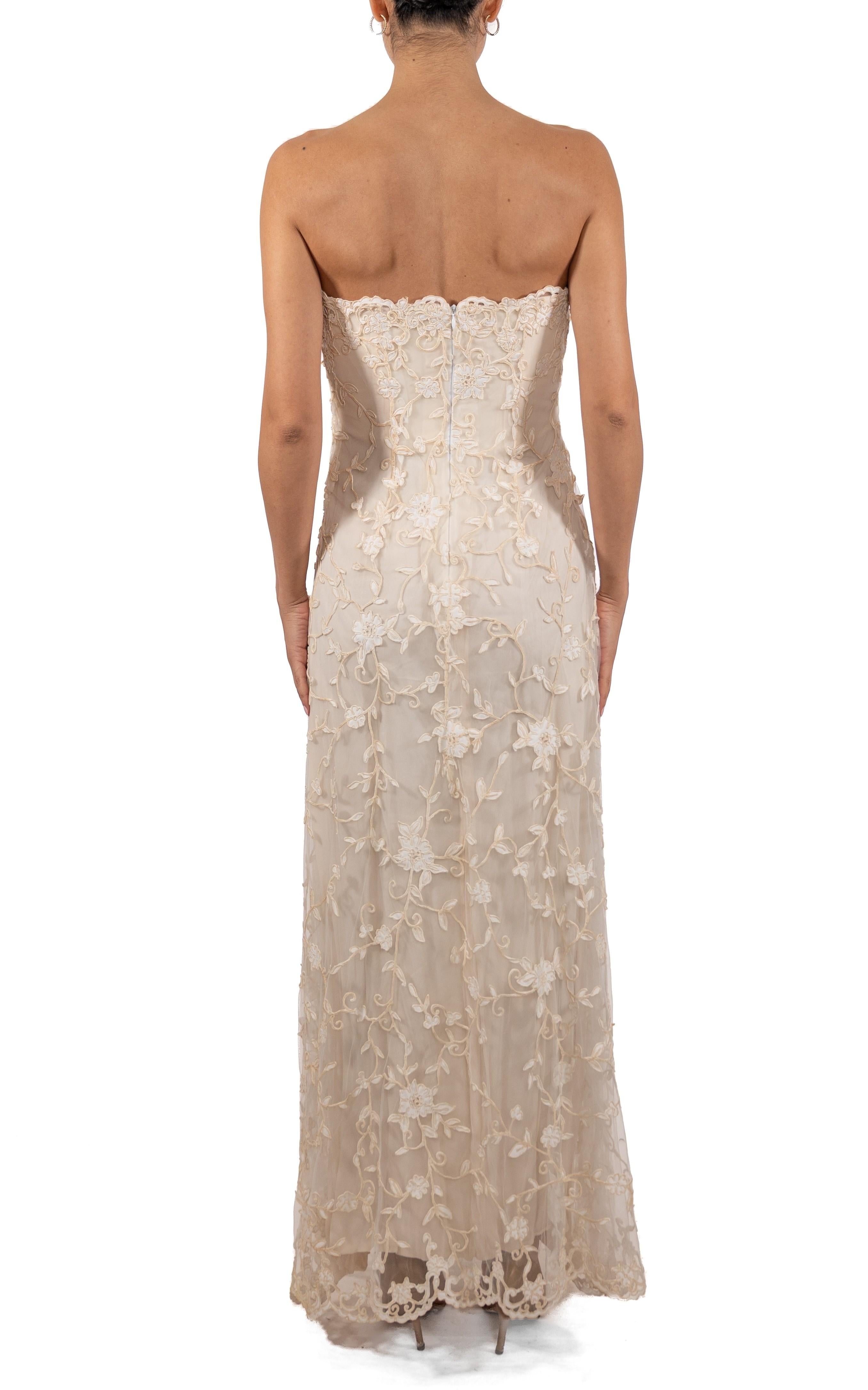 Beige 1990S Cream Silk & Rayon Floral Embroidered Tulle Strapless Gown For Sale