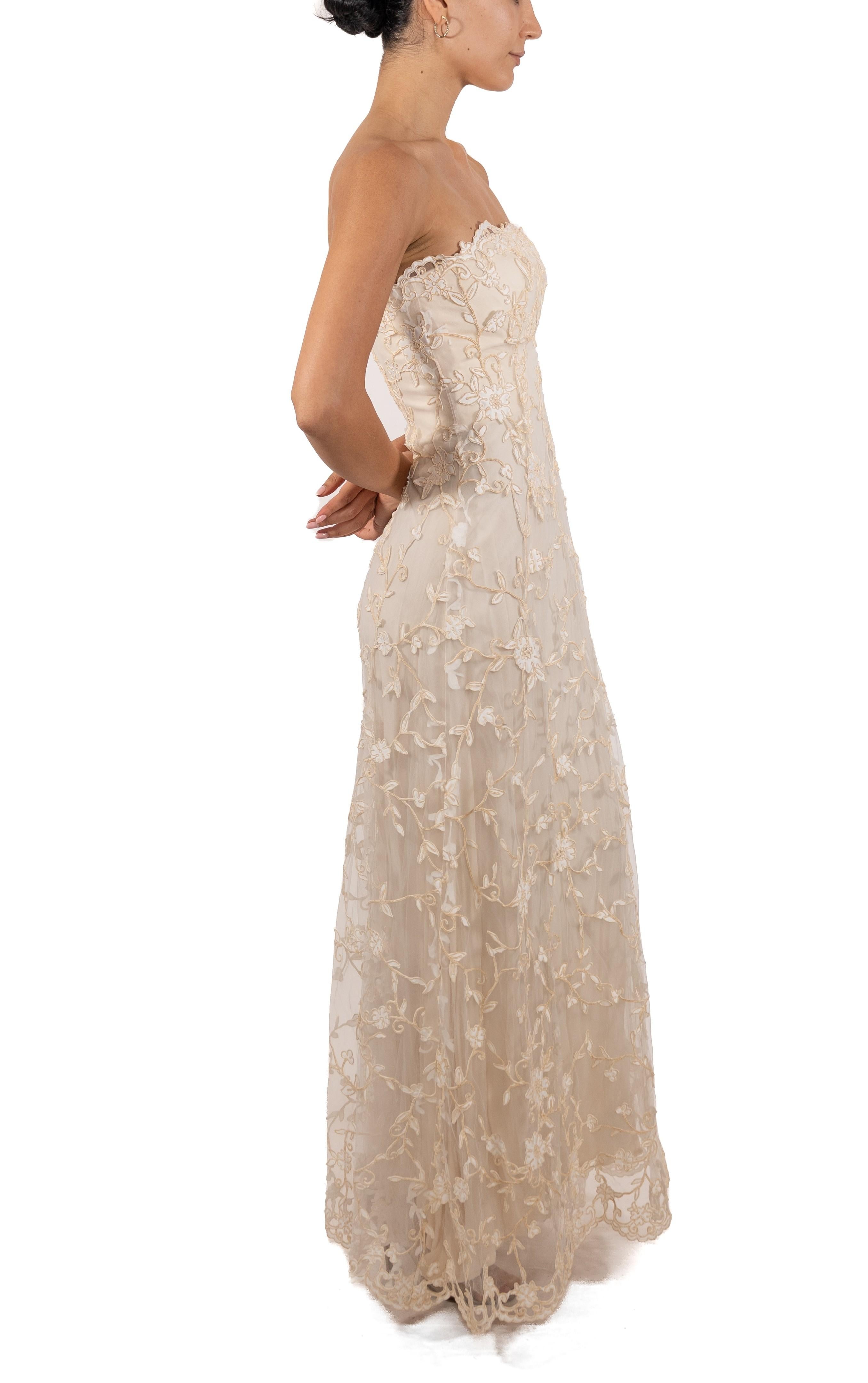 1990S Cream Silk & Rayon Floral Embroidered Tulle Strapless Gown In Good Condition For Sale In New York, NY