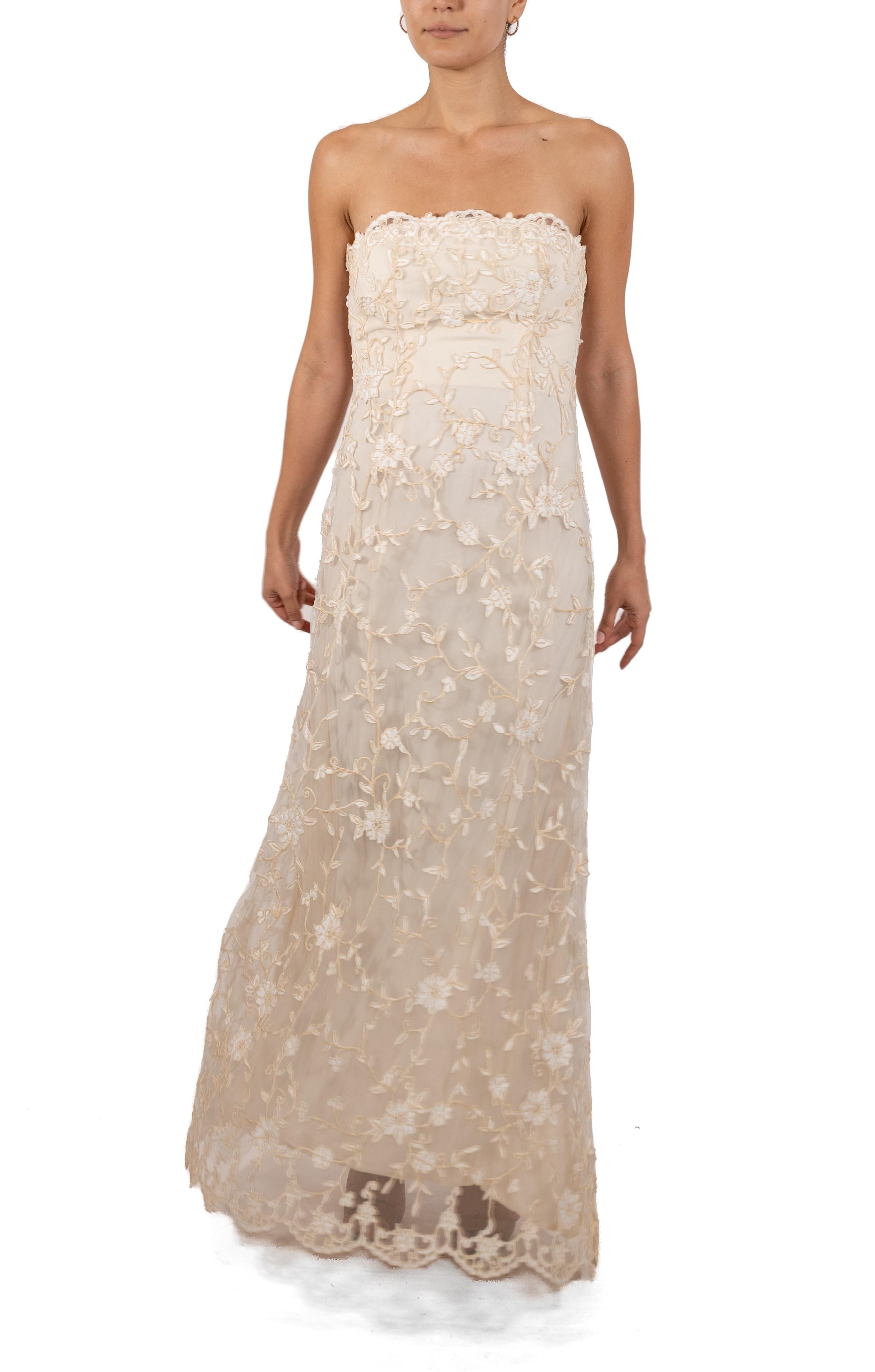 Women's 1990S Cream Silk & Rayon Floral Embroidered Tulle Strapless Gown For Sale