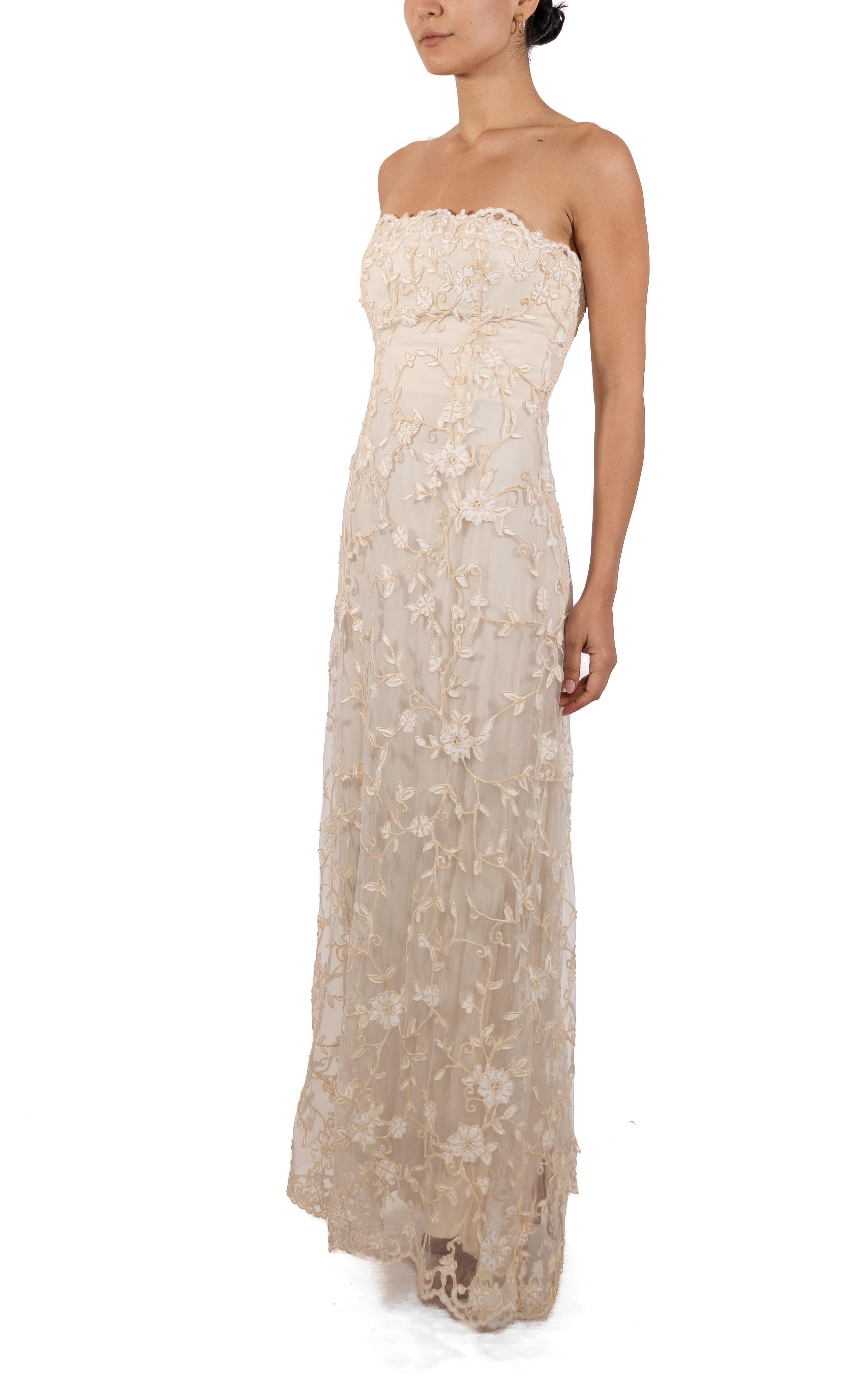 1990S Cream Silk & Rayon Floral Embroidered Tulle Strapless Gown For Sale 1