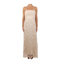 1990S Creme Seide & Rayon Floral bestickt Tüll trägerlos Kleid