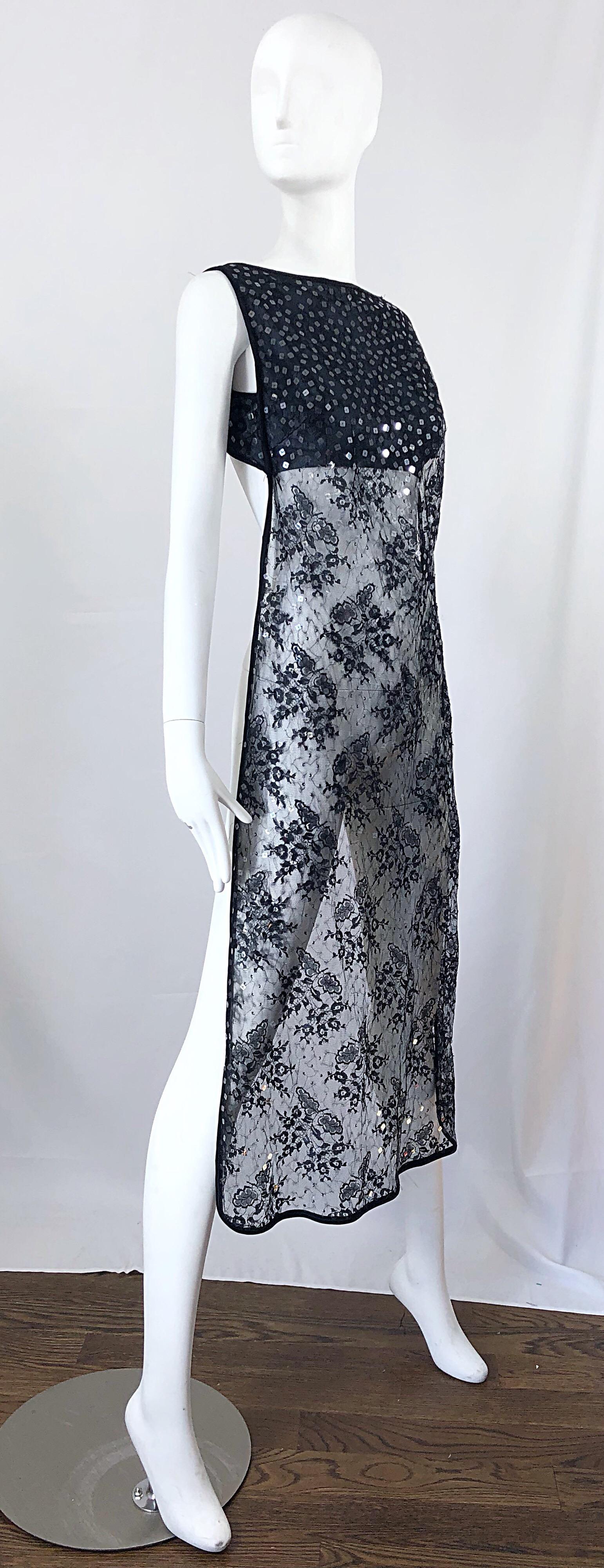1990s Crop Top with Sequin Black Lace Long Sheer Overlay Vintage 90s Vest Dress 6