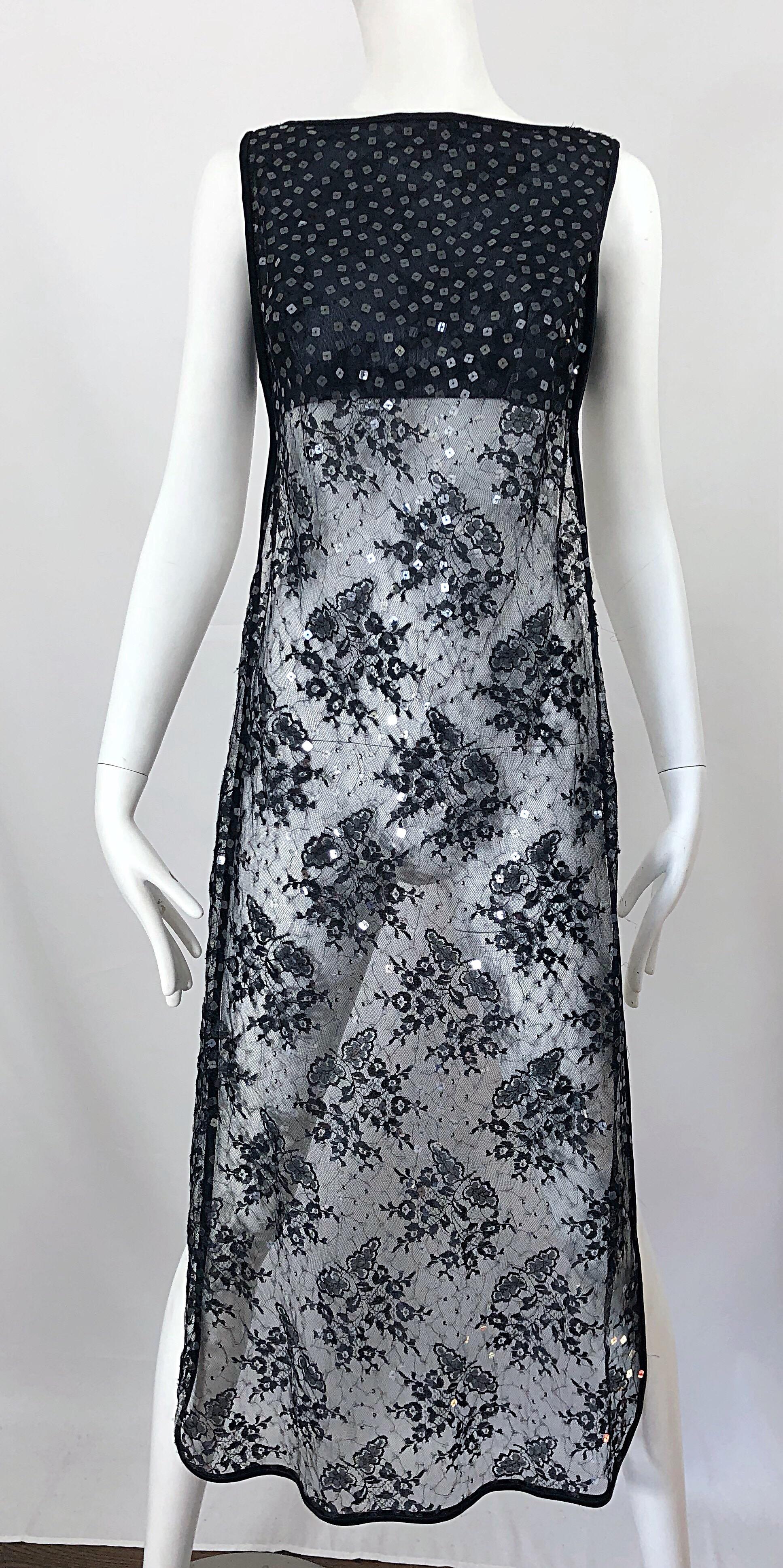 1990s Crop Top with Sequin Black Lace Long Sheer Overlay Vintage 90s Vest Dress 8