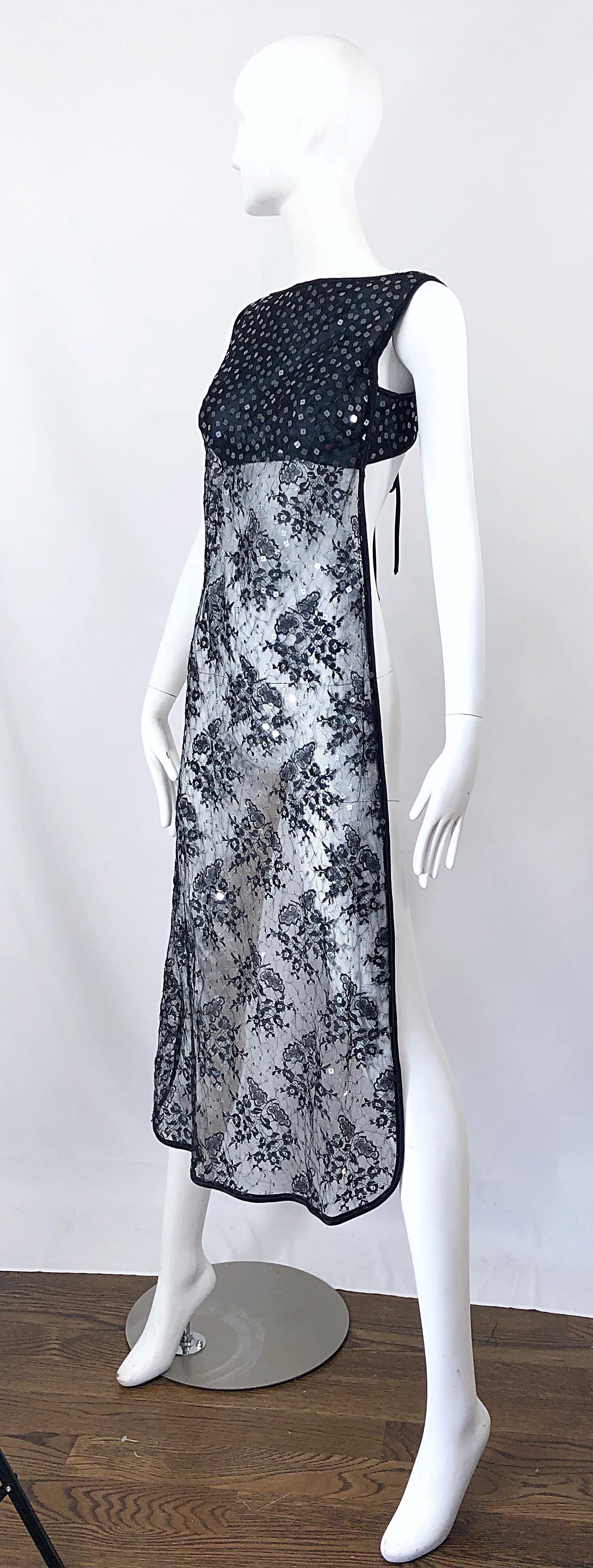 1990s Crop Top with Sequin Black Lace Long Sheer Overlay Vintage 90s Vest Dress 1