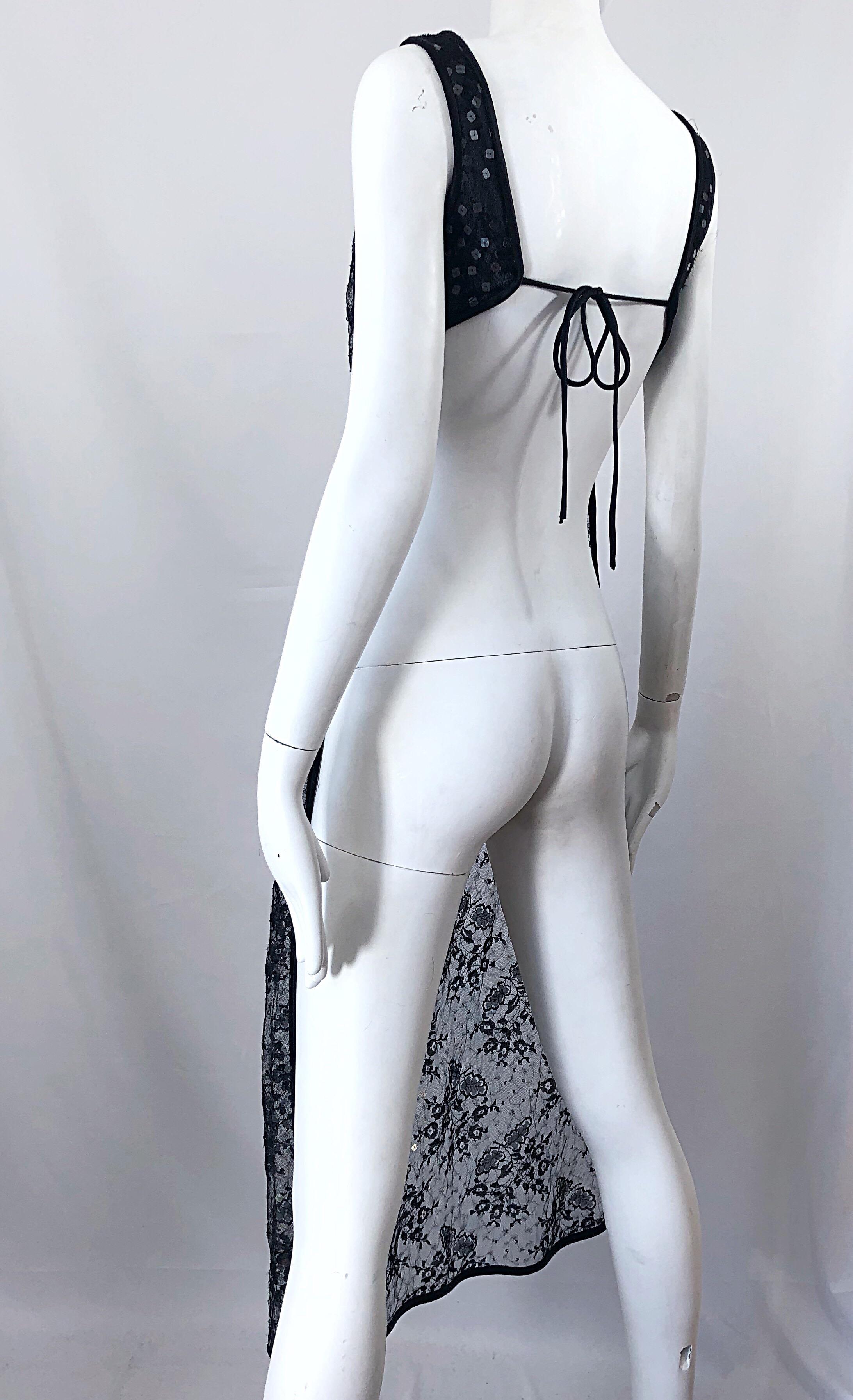 1990s Crop Top with Sequin Black Lace Long Sheer Overlay Vintage 90s Vest Dress 2