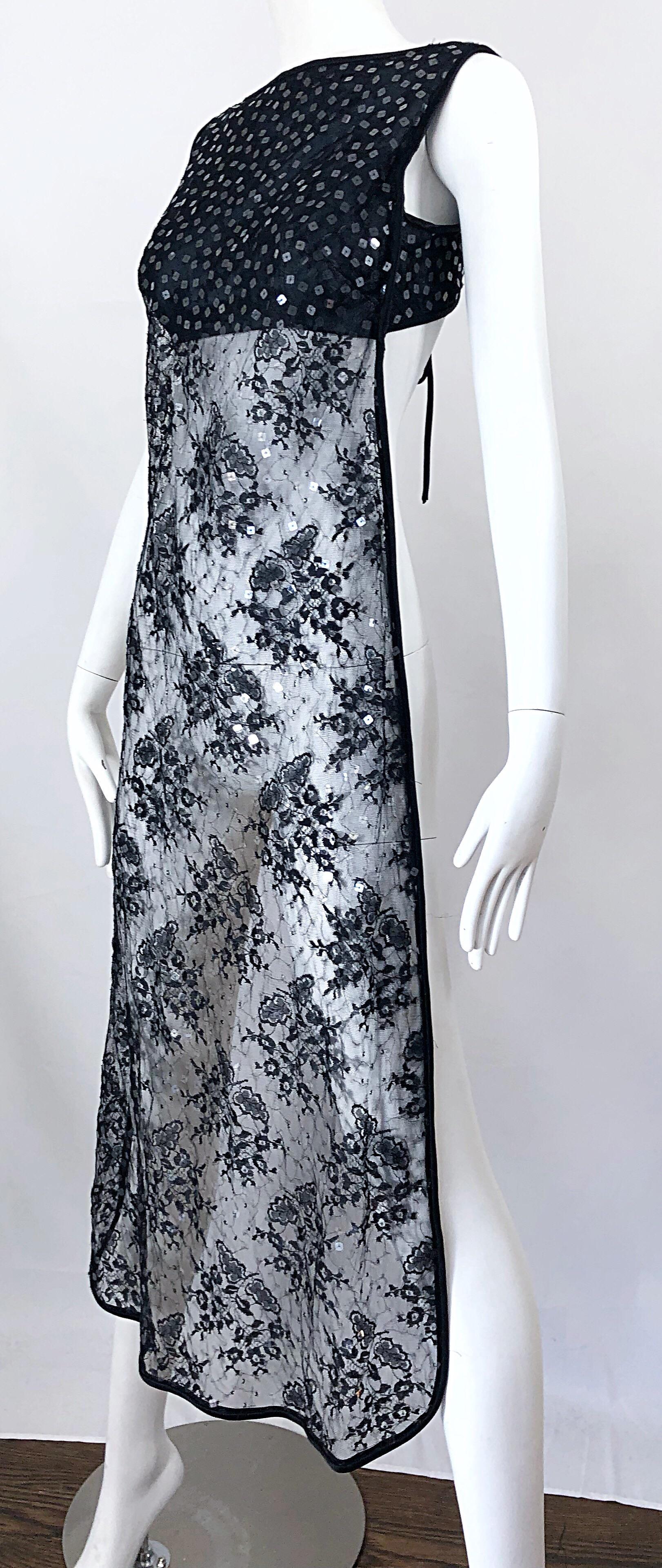 1990s Crop Top with Sequin Black Lace Long Sheer Overlay Vintage 90s Vest Dress 4