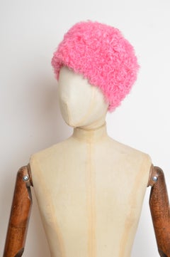 1990's Curly Pink fluffy Vintage Sheepskin Shearling Beanie Hat Unisex