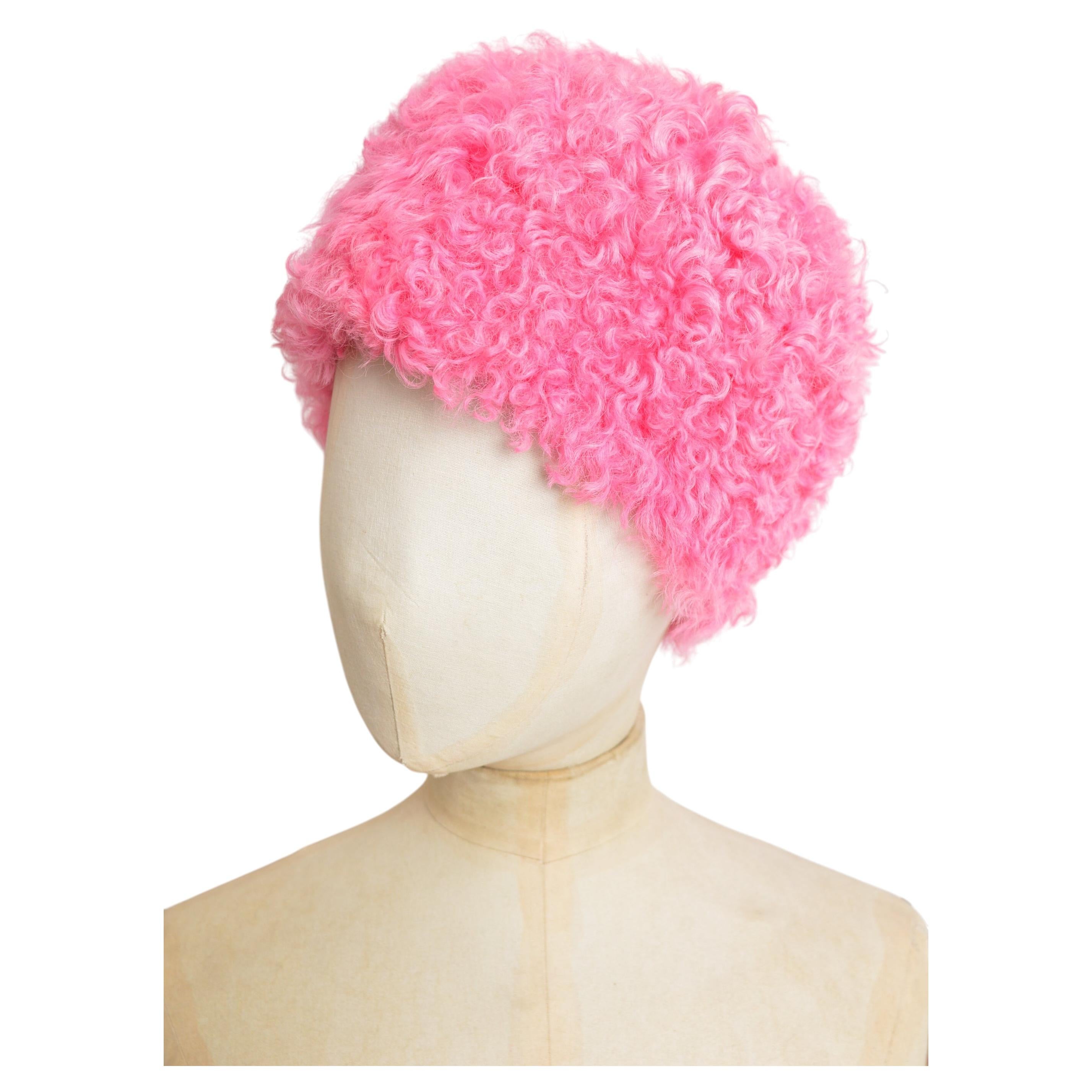 1990's Curly Pink fluffy Vintage Sheepskin Shearling Beanie Hat Unisex