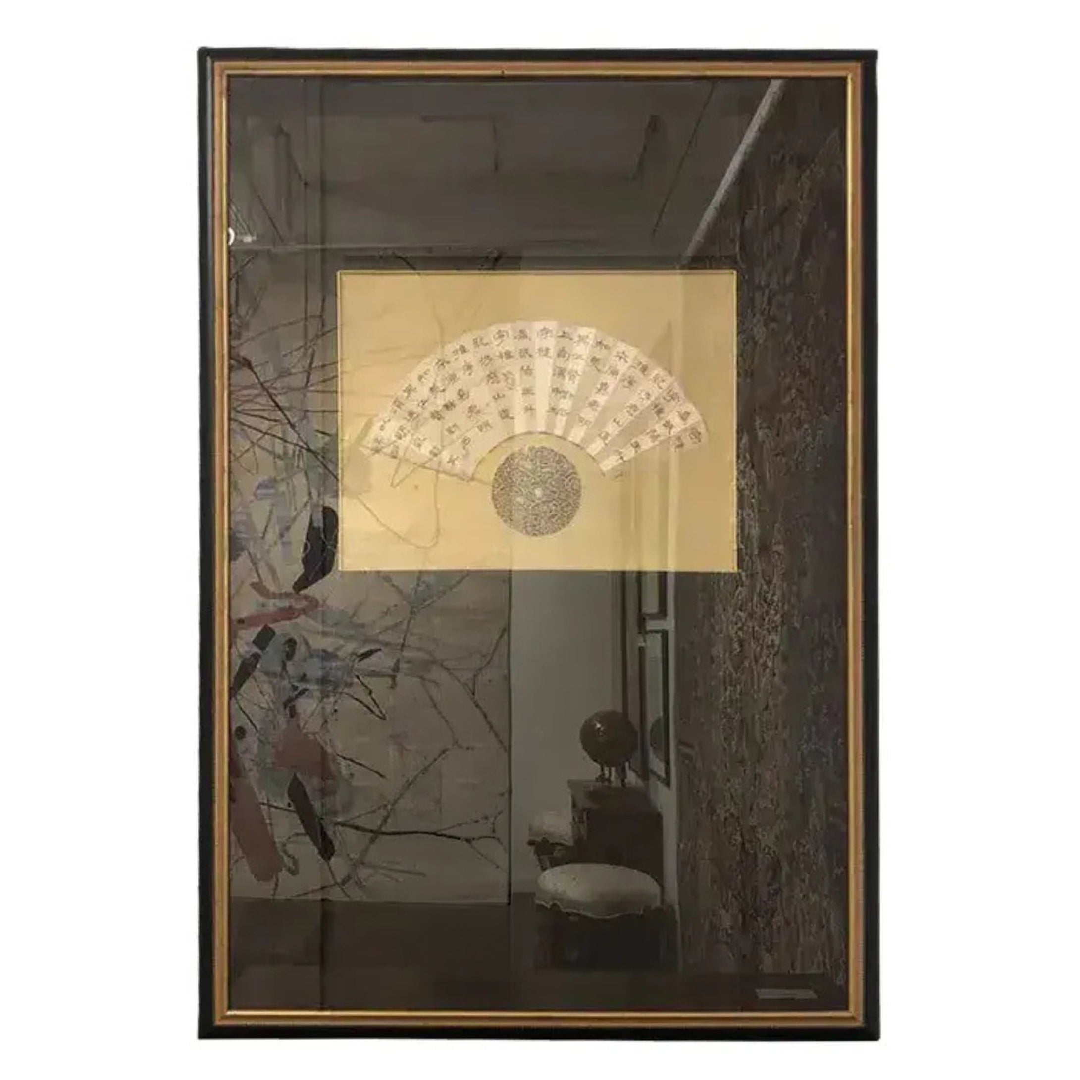 1990s Oriental Hand-Painted Fan Artwork in Custom Frame For Sale