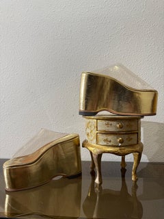 1990s Custom Made Gold Gilt Leather Platform Wedge Slides w Clear Acrylic Uppers