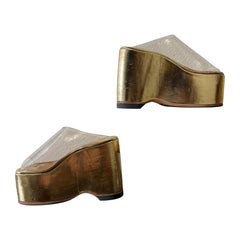 1990s Custom Made Gold Gilt Leather Platform Wedge Slides w Clear Acrylic Uppers
