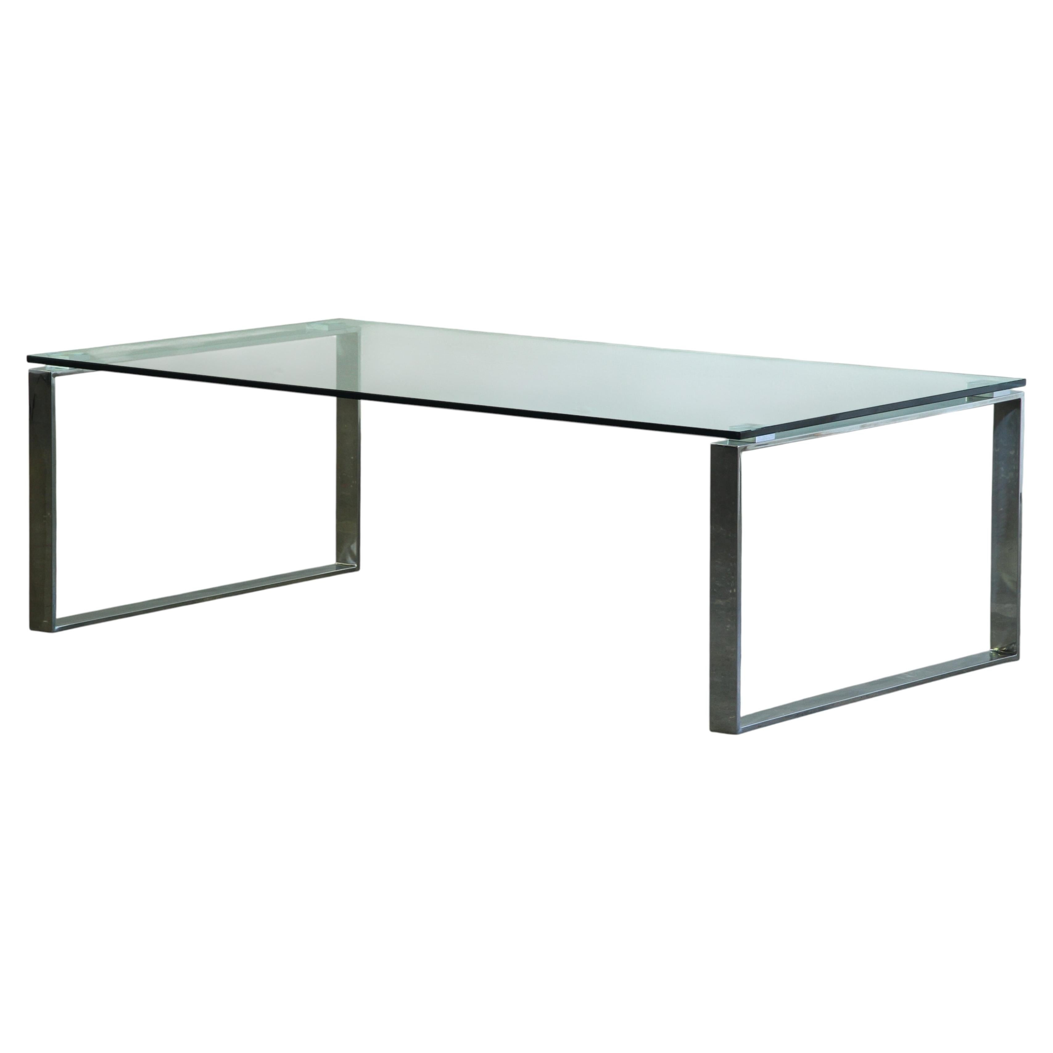 Mesa de centro danesa de los años 90, moderna y minimalista, de cristal y cromo pulido, rectangular