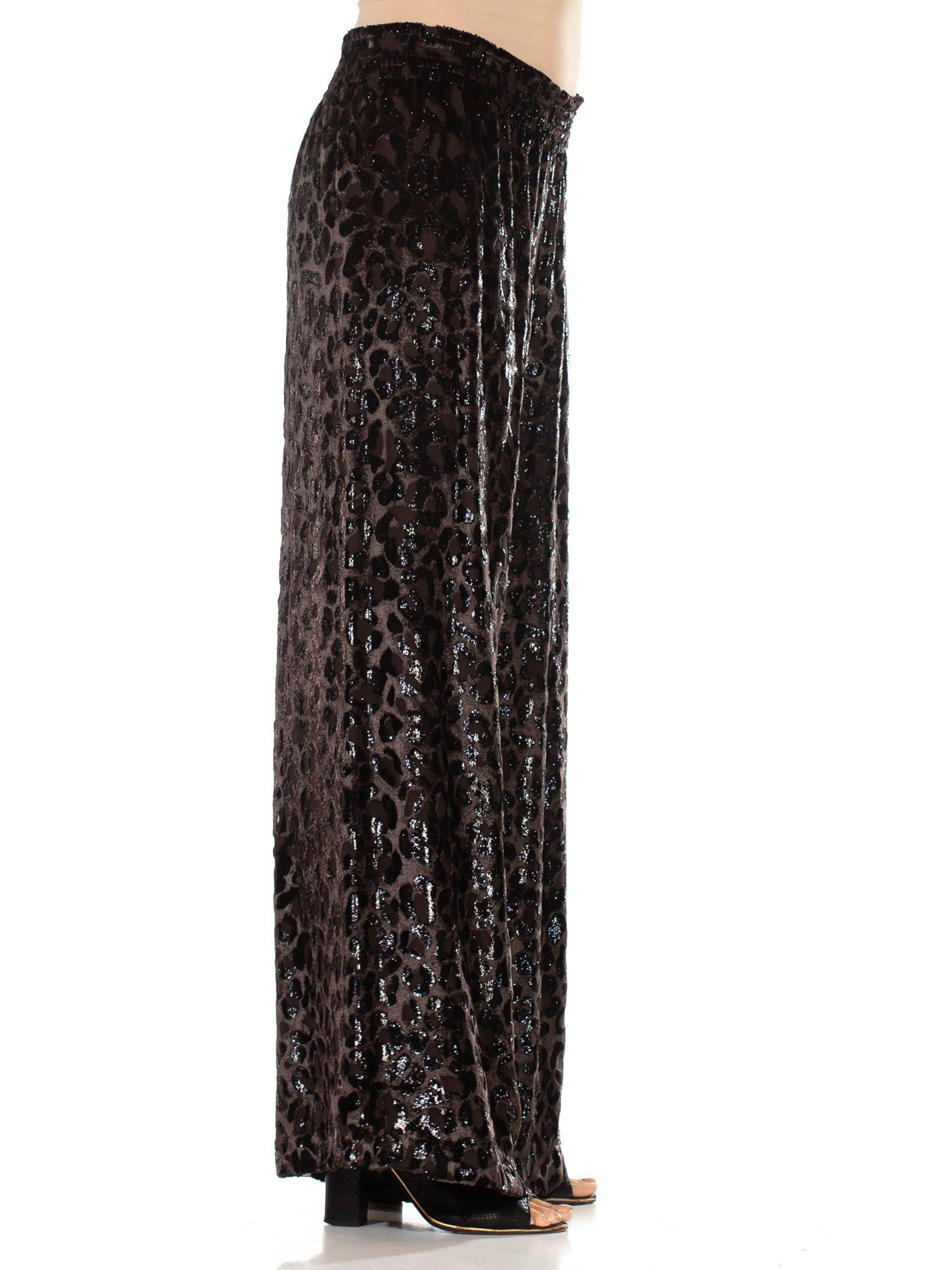 Black 1990S Dark Chocolate Brown Leopard Print Silk Blend Burnout Velvet Wide Leg Pan For Sale
