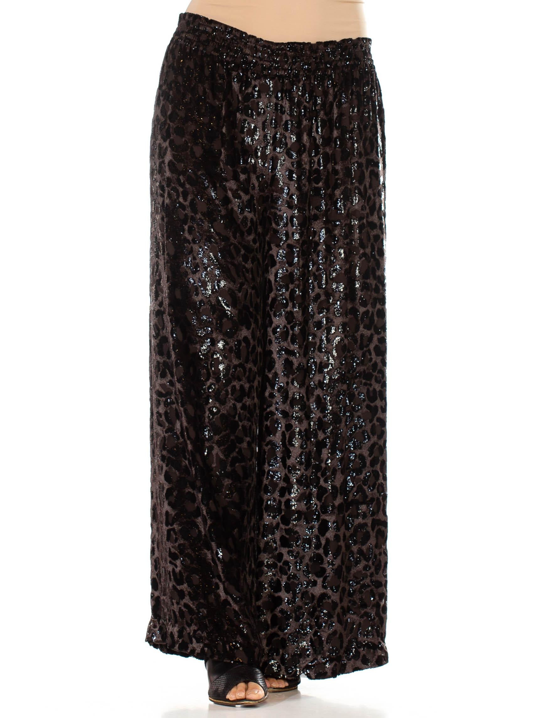 1990S Dark Chocolate Brown Leopard Print Silk Blend Burnout Velvet Wide Leg Pan In Excellent Condition For Sale In New York, NY