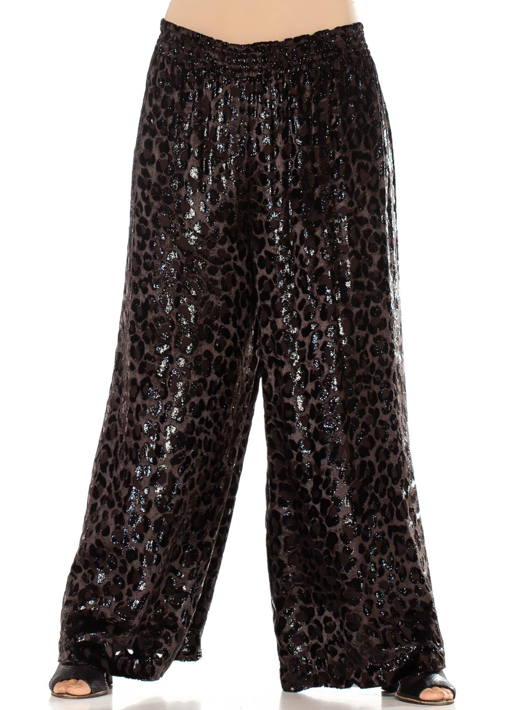 Women's 1990S Dark Chocolate Brown Leopard Print Silk Blend Burnout Velvet Wide Leg Pan For Sale