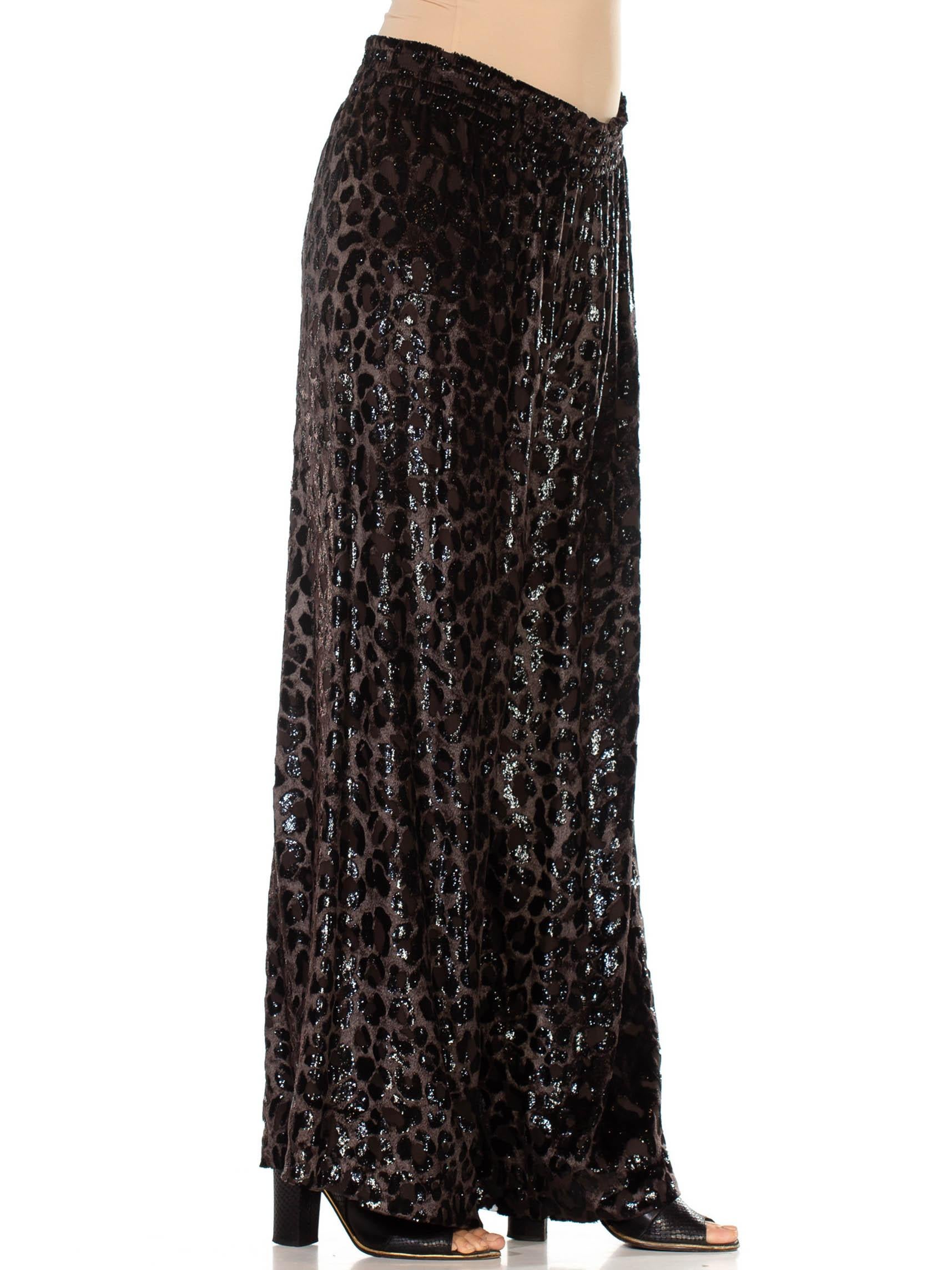 1990S Dark Chocolate Brown Leopard Print Silk Blend Burnout Velvet Wide Leg Pan For Sale 1