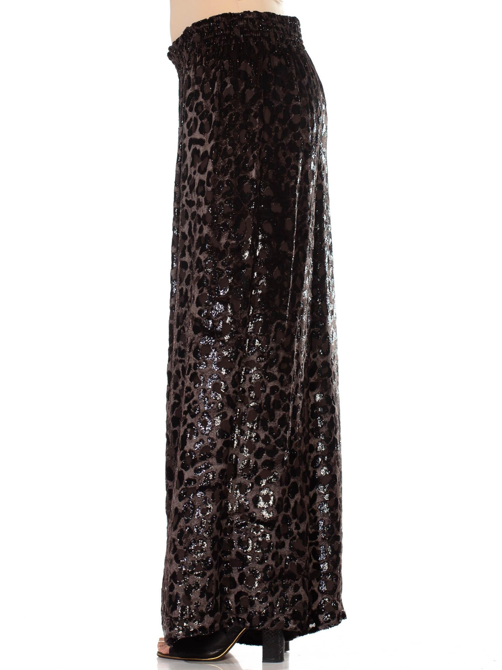1990S Dark Chocolate Brown Leopard Print Silk Blend Burnout Velvet Wide Leg Pan For Sale 3