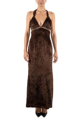 1990S Dark Chocolate Brown Silk & Rayon Burnout Velvet Gown