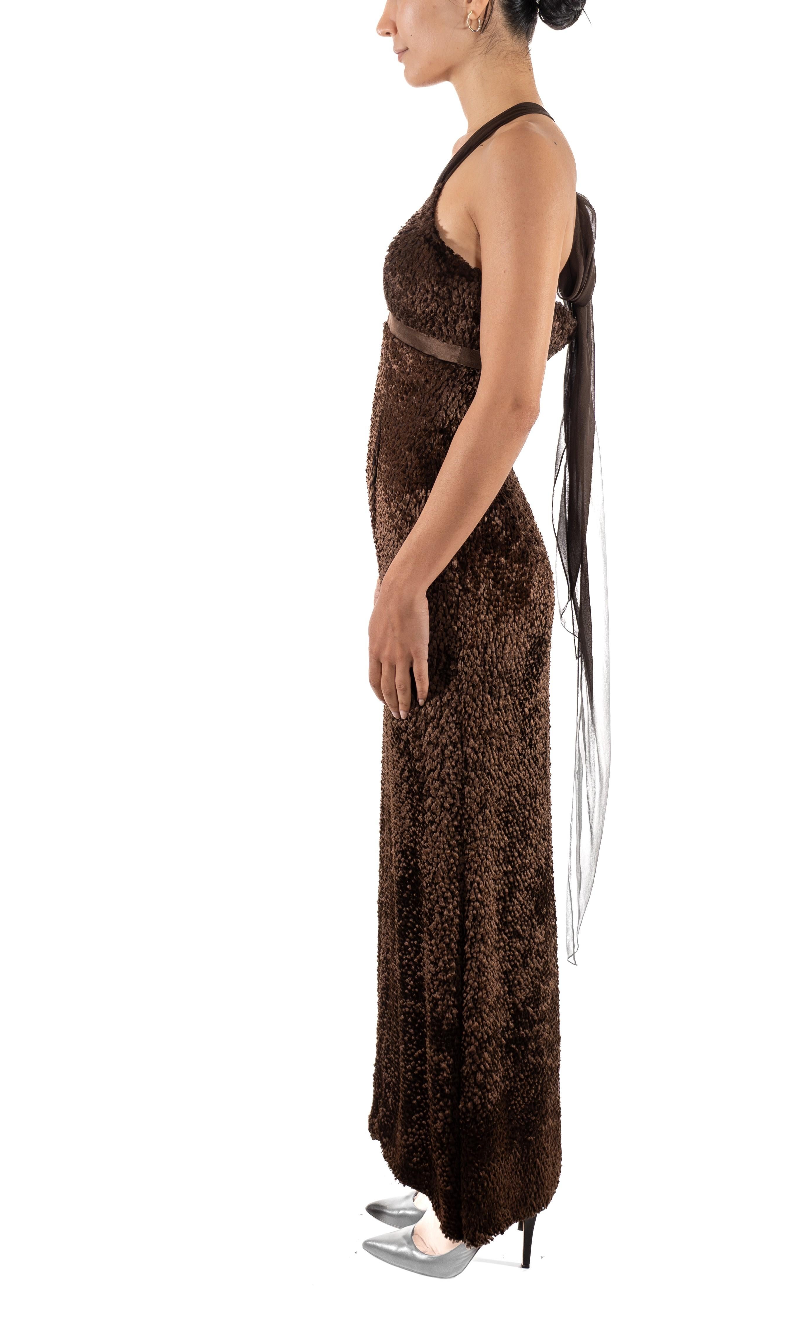 Black 1990S Dark Chocolate Brown Silk & Rayon Burnout Velvet Gown For Sale