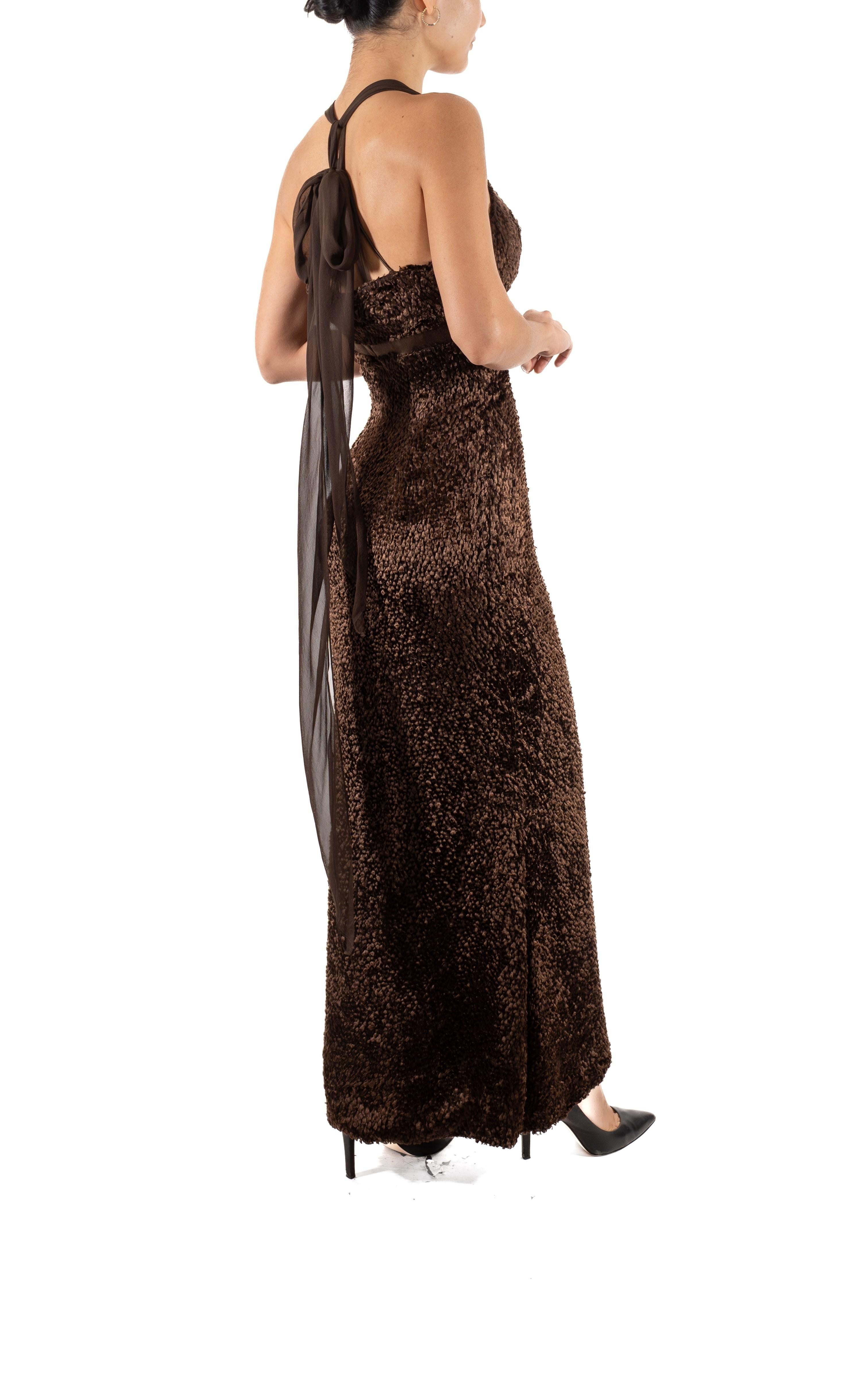 1990S Dark Chocolate Brown Silk & Rayon Burnout Velvet Gown For Sale 3