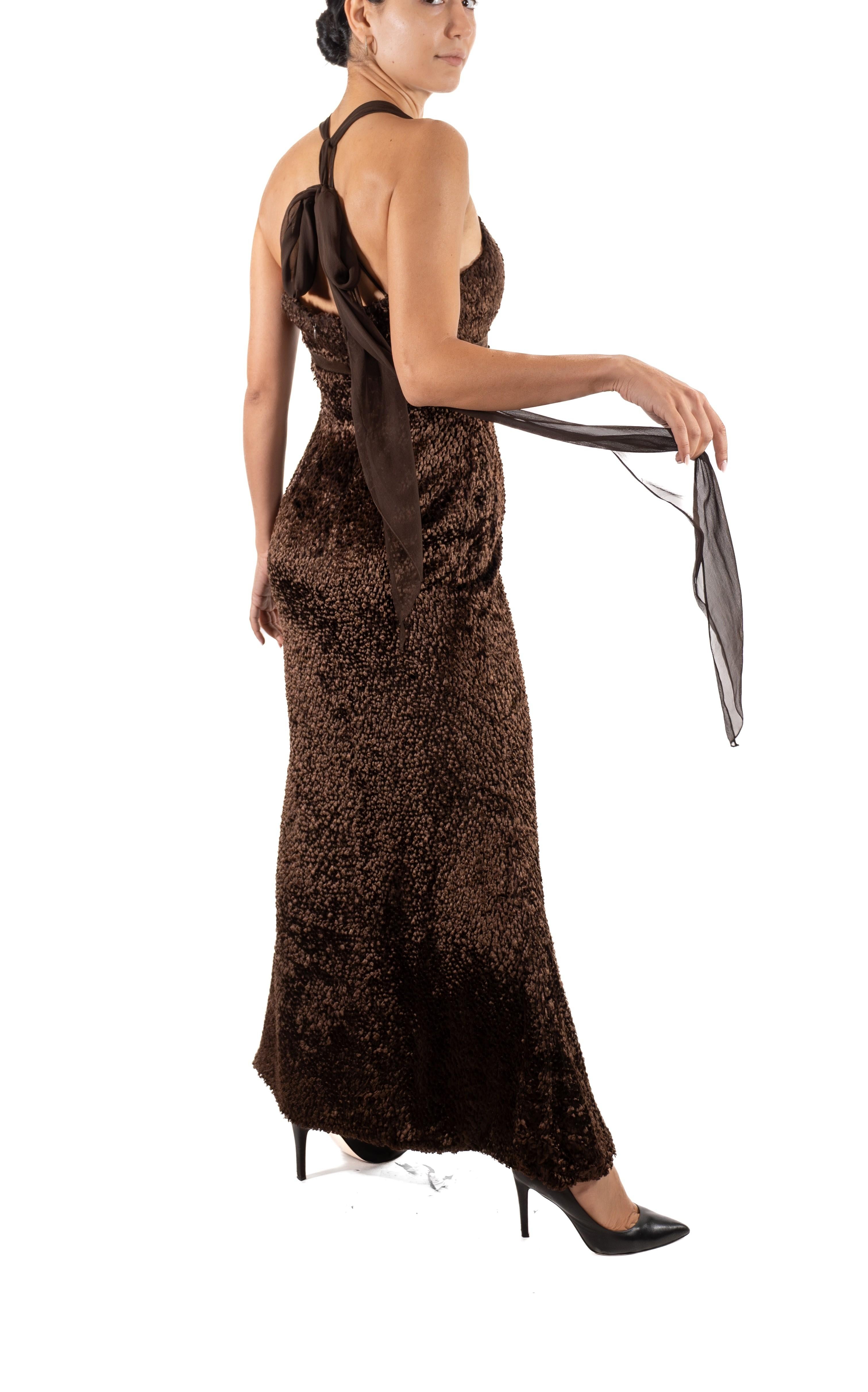 1990S Dark Chocolate Brown Silk & Rayon Burnout Velvet Gown For Sale 4