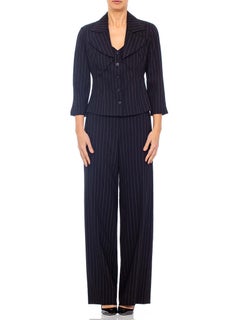 1990s Dark Grey Rayon & Wool Pinstripe Pant Suit