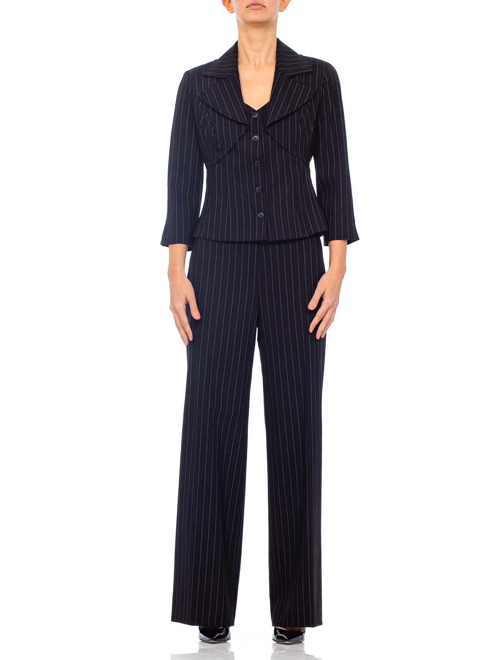 1990s Dark Grey Rayon & Wool Pinstripe Pant Suit  In Excellent Condition In New York, NY