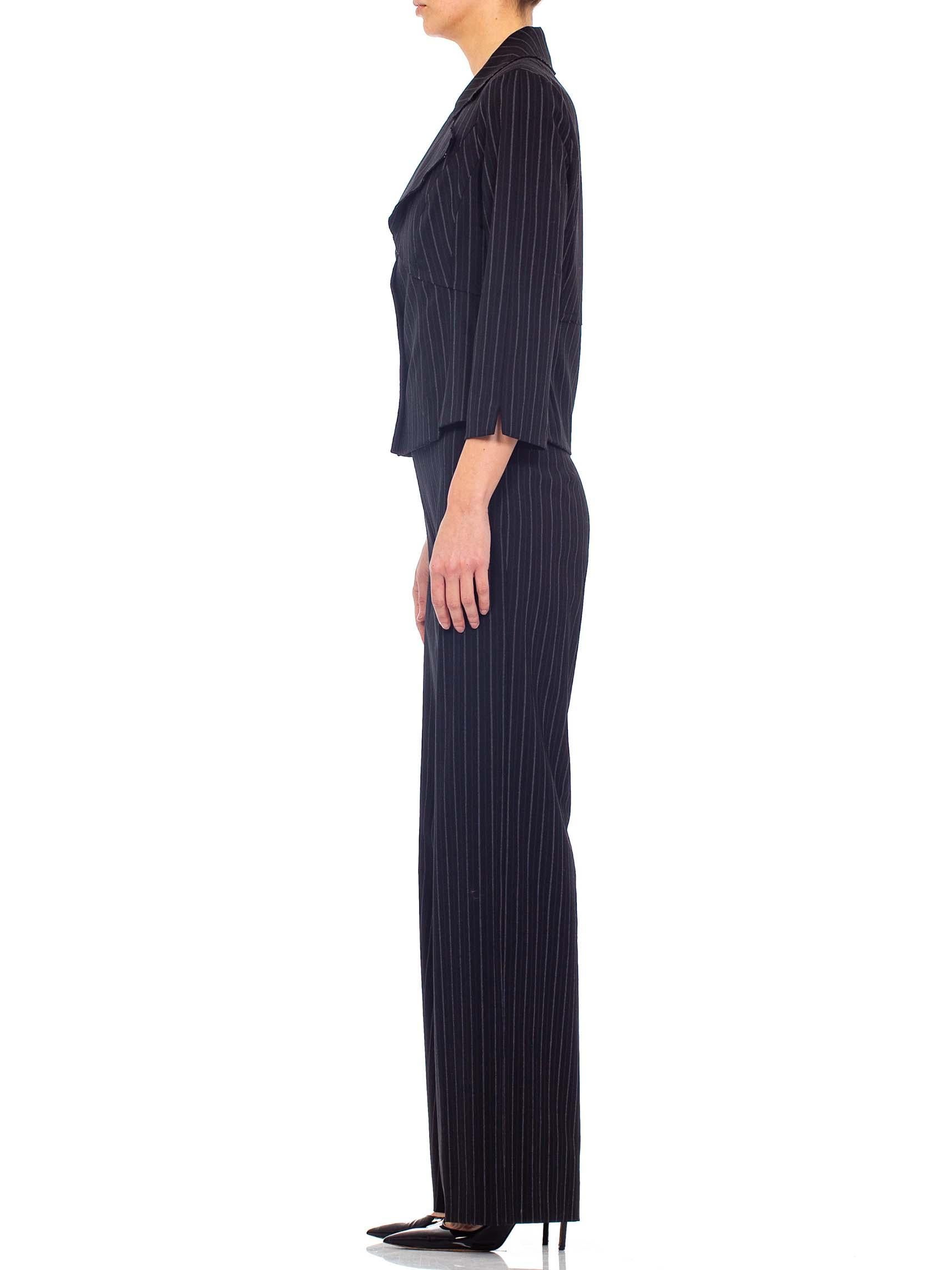 Women's 1990s Dark Grey Rayon & Wool Pinstripe Pant Suit 