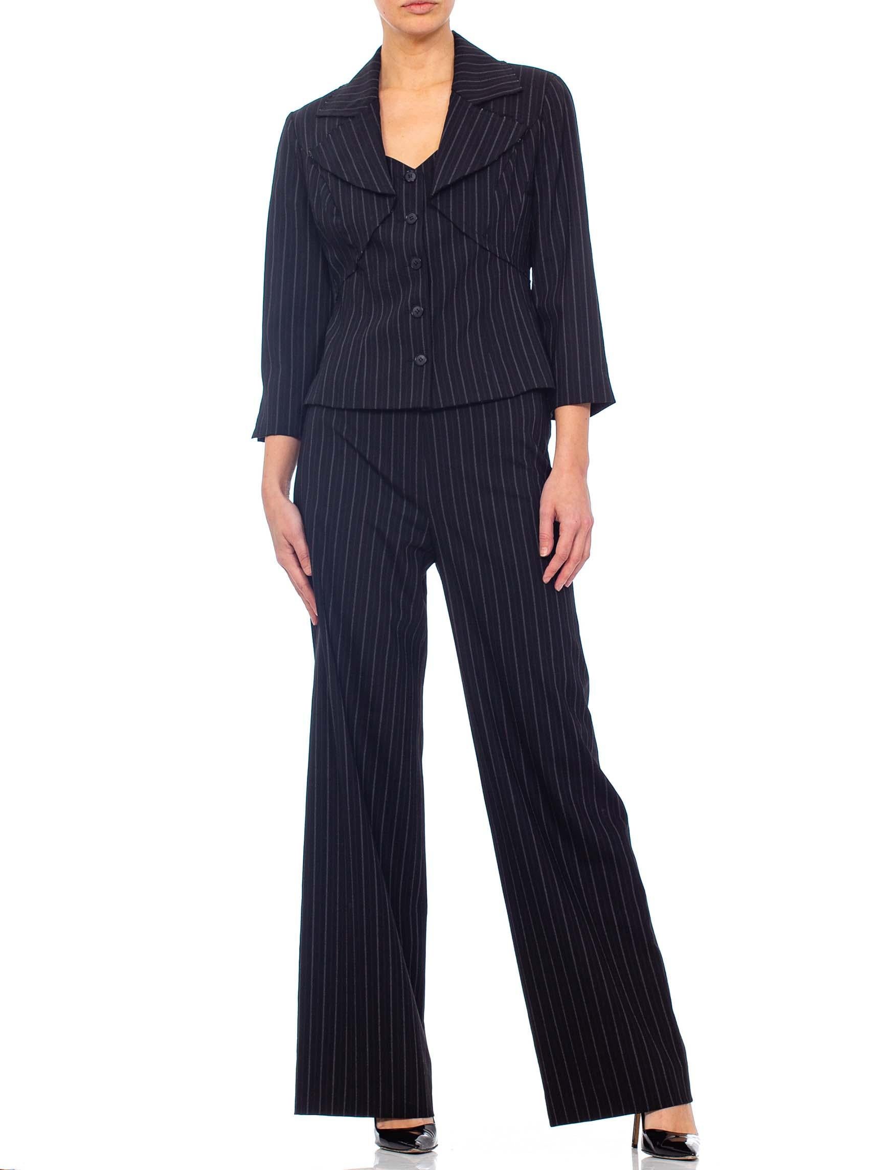 1990s Dark Grey Rayon & Wool Pinstripe Pant Suit  5