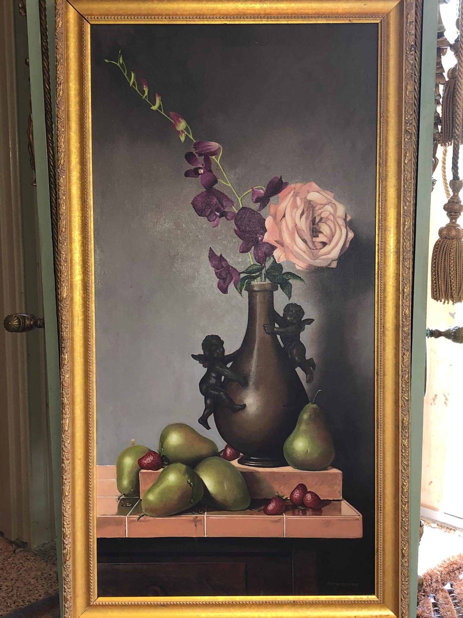 1990s Still Life Painting by  David Birmingham Floral with Cupids Apples Orchids For Sale 2