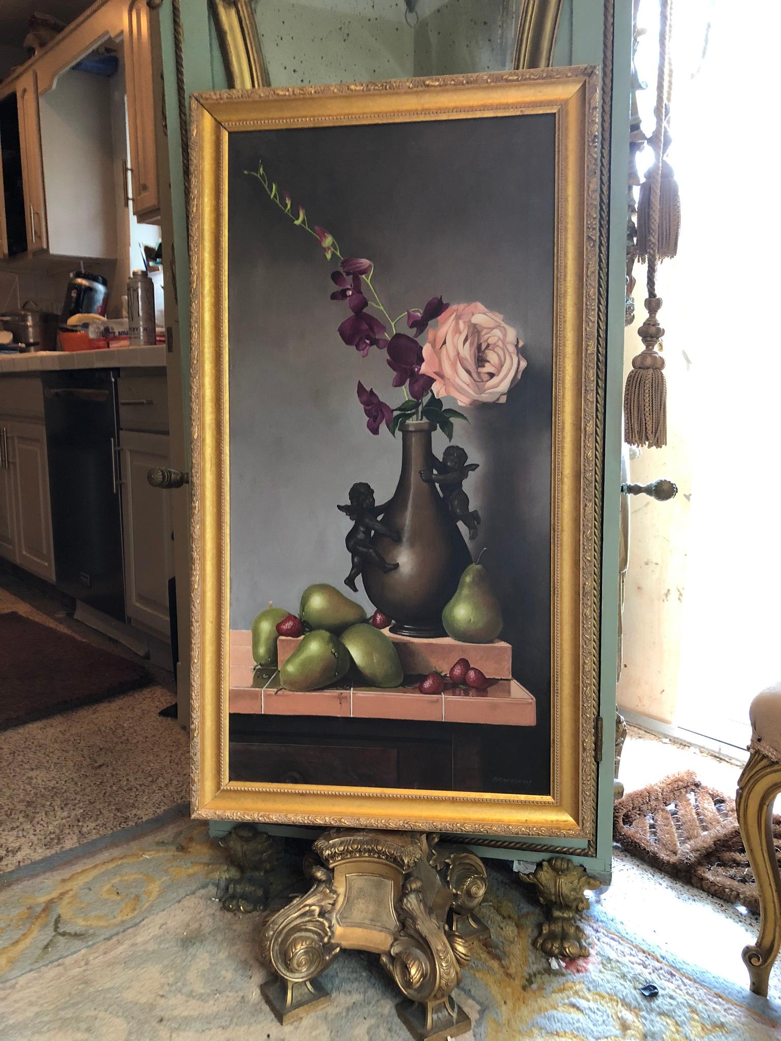 French Provincial 1990s Still Life Painting by  David Birmingham Floral with Cupids Apples Orchids For Sale