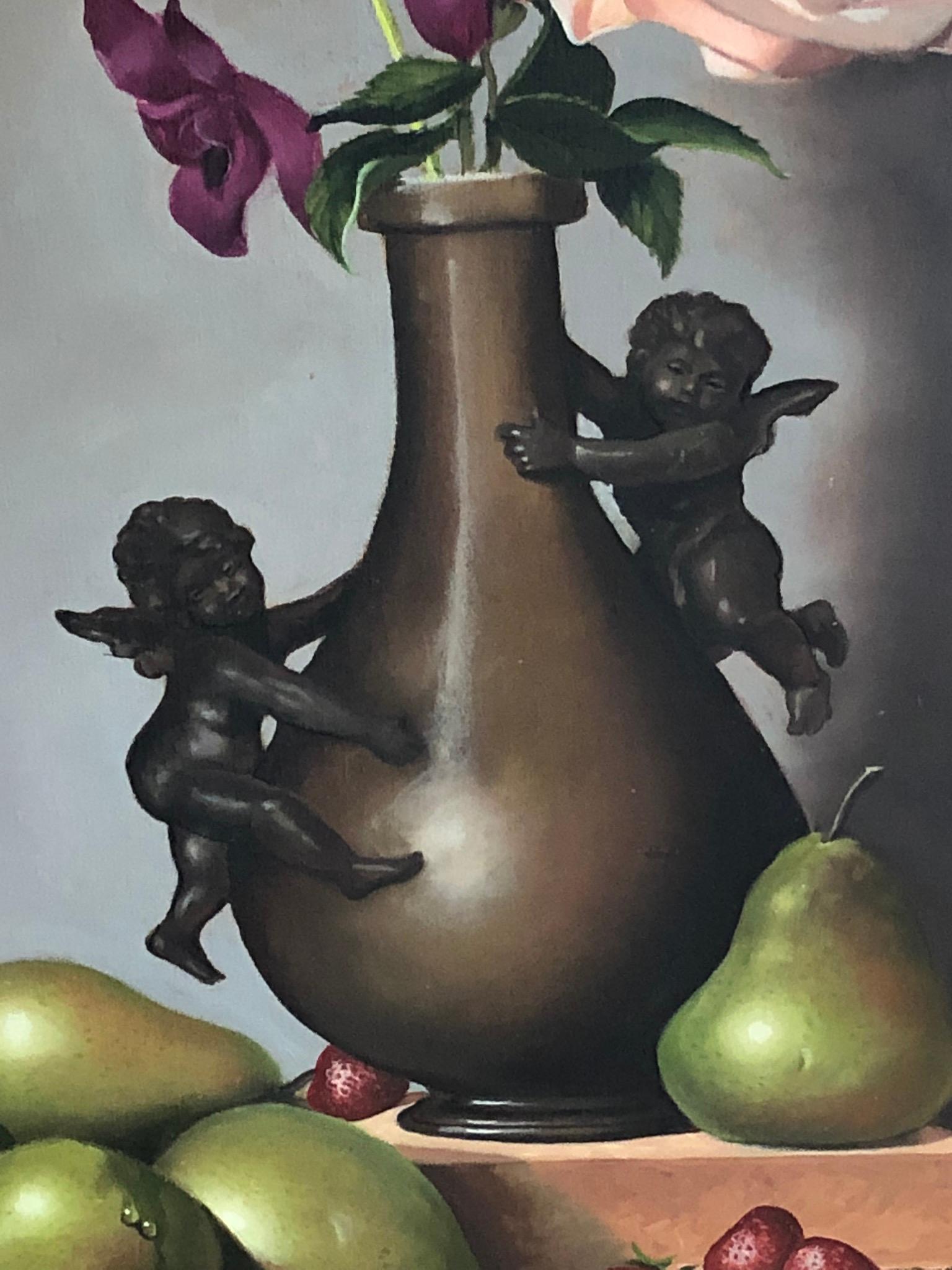 American 1990s Still Life Painting by  David Birmingham Floral with Cupids Apples Orchids For Sale