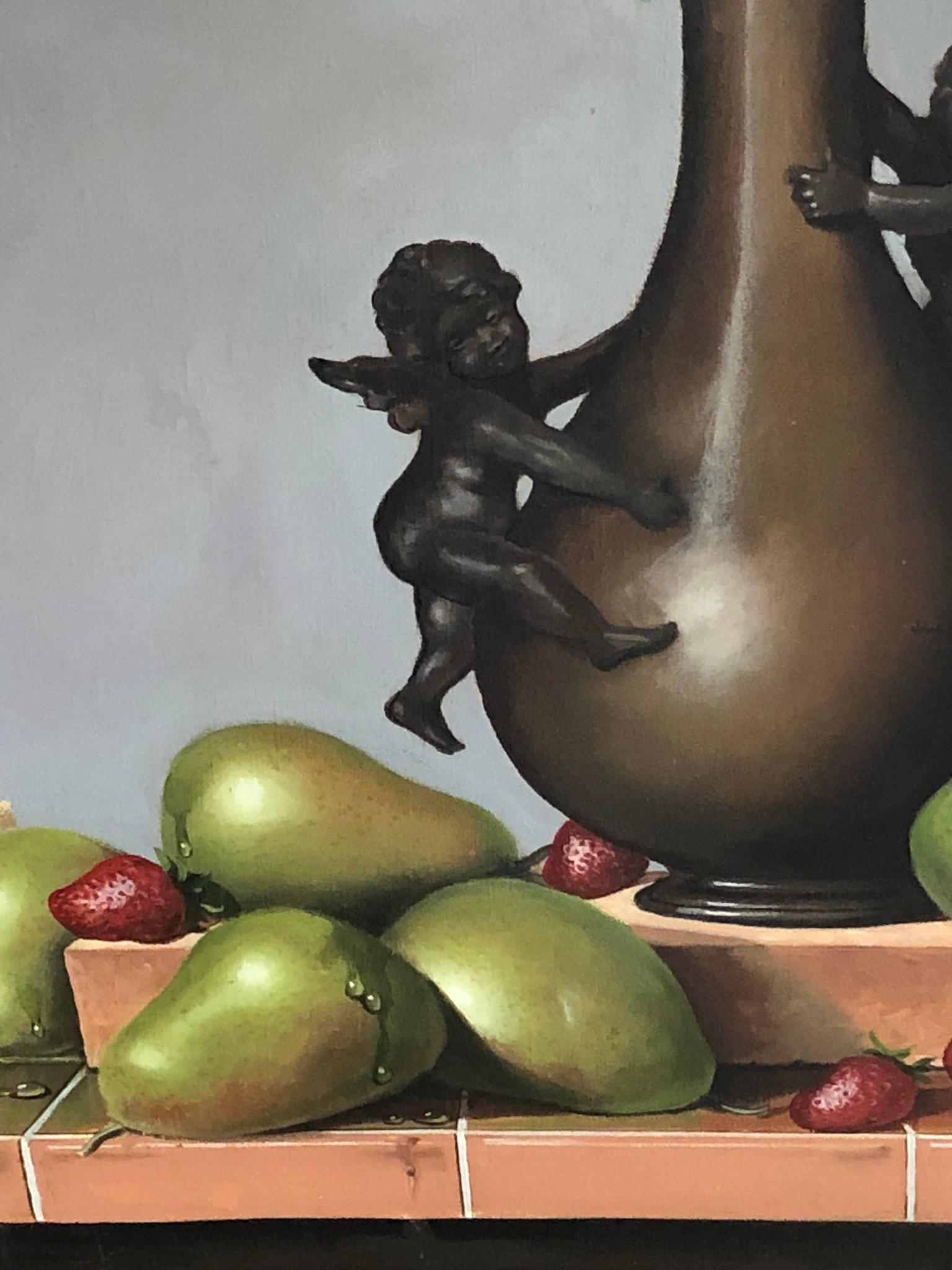 Painted 1990s Still Life Painting by  David Birmingham Floral with Cupids Apples Orchids For Sale