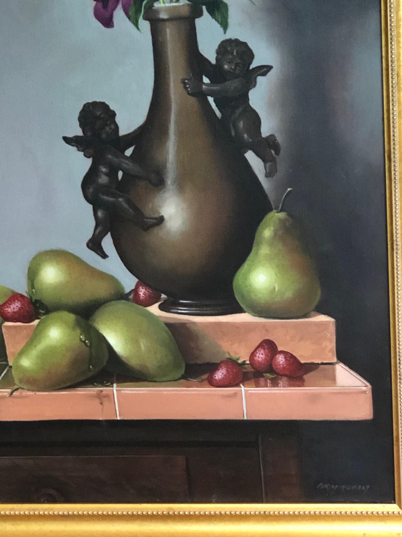 1990s Still Life Painting by  David Birmingham Floral with Cupids Apples Orchids In Good Condition For Sale In Fort Lauderdale, FL