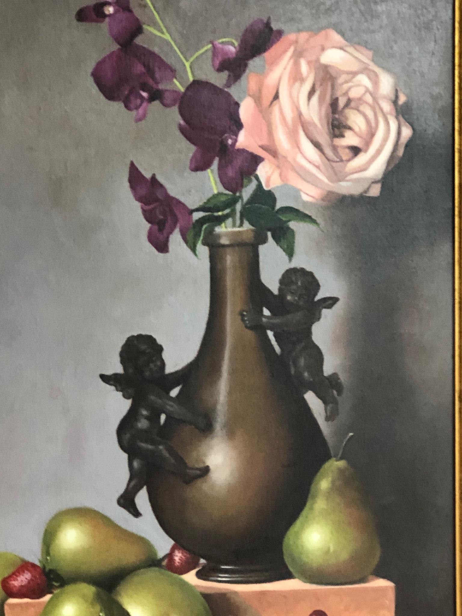 Late 20th Century 1990s Still Life Painting by  David Birmingham Floral with Cupids Apples Orchids For Sale