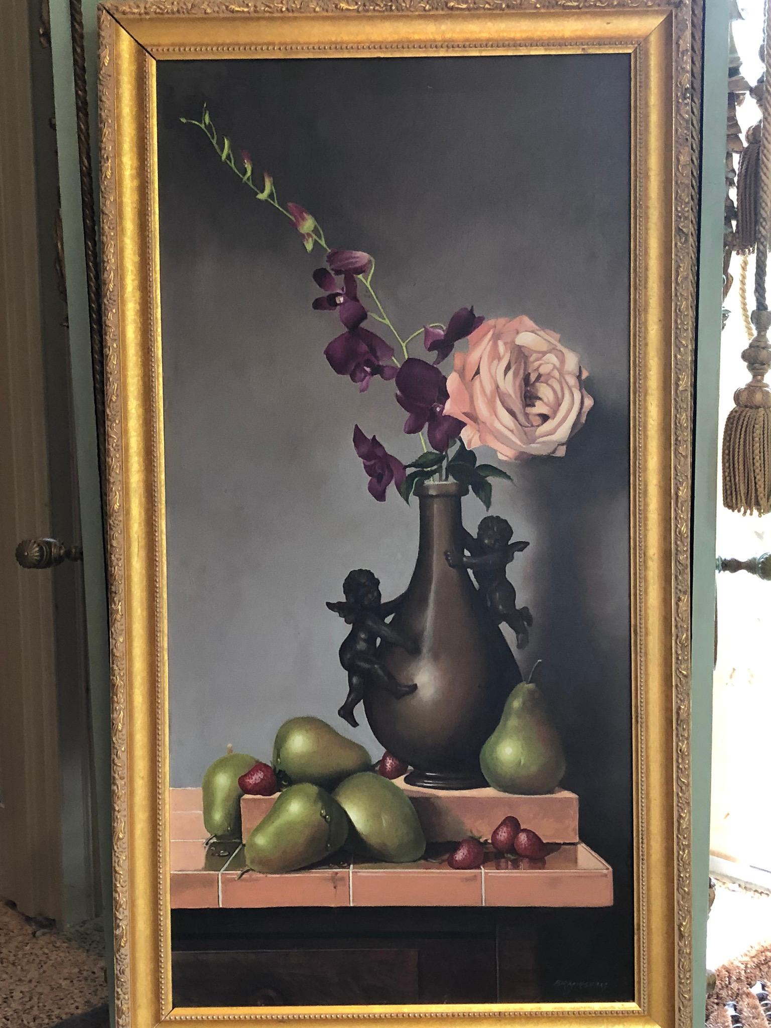 1990s Still Life Painting by  David Birmingham Floral with Cupids Apples Orchids For Sale 1