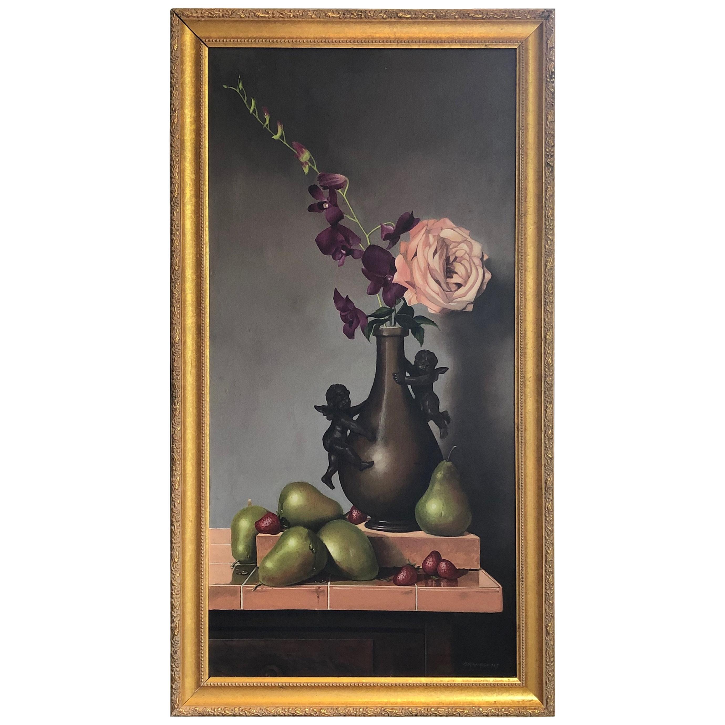 1990s Still Life Painting by  David Birmingham Floral with Cupids Apples Orchids For Sale