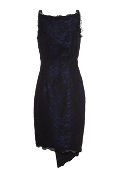 1990s David Fielden Couture Black Lace Dress with Blue Underlay